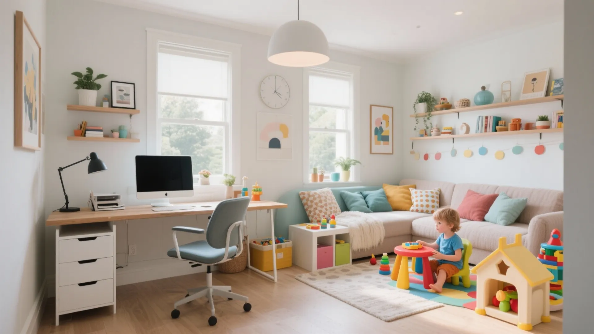 Modern home office and playroom combo with a desk computer sofa and child playing with toys