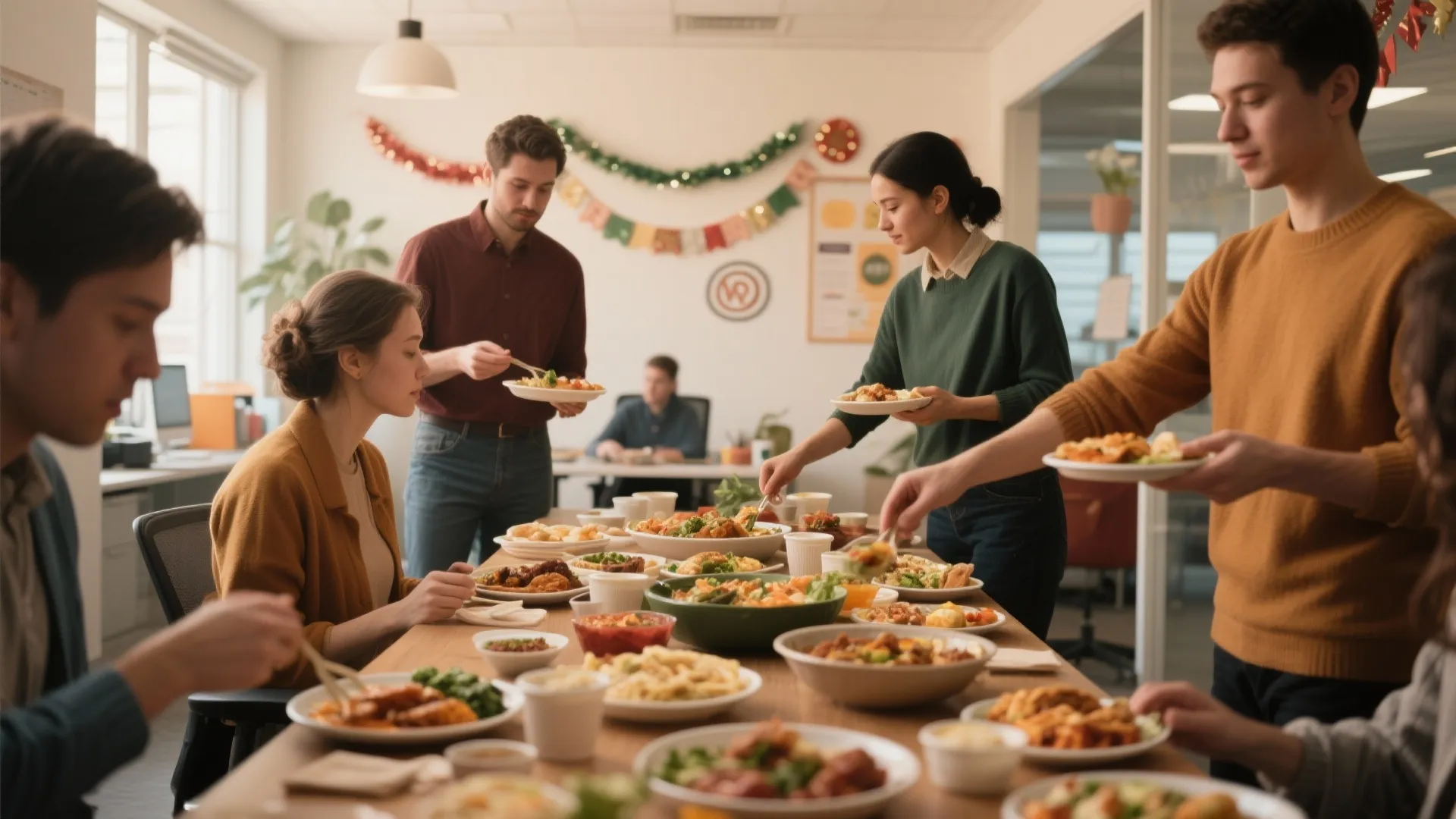 Group of coworkers sharing a variety of food dishes at a long wooden office table