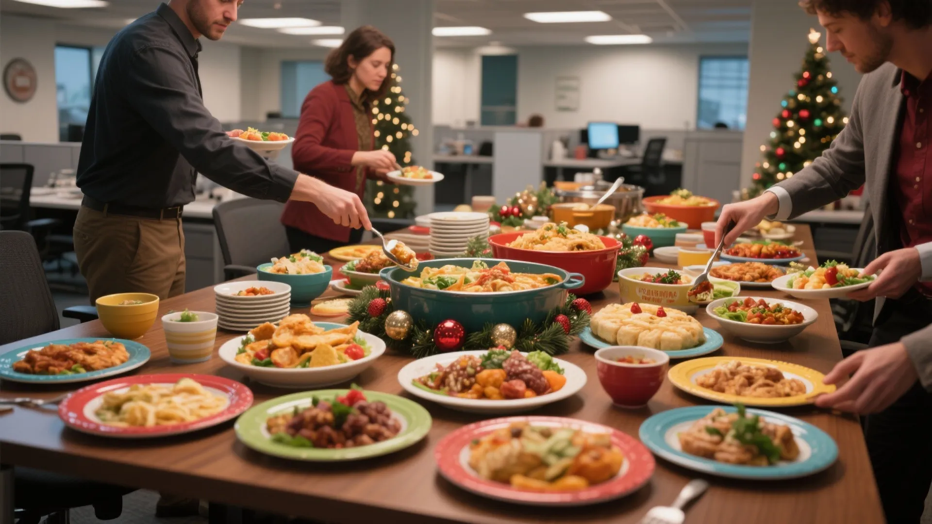 Office party buffet with people serving food from many plates on a long wooden table