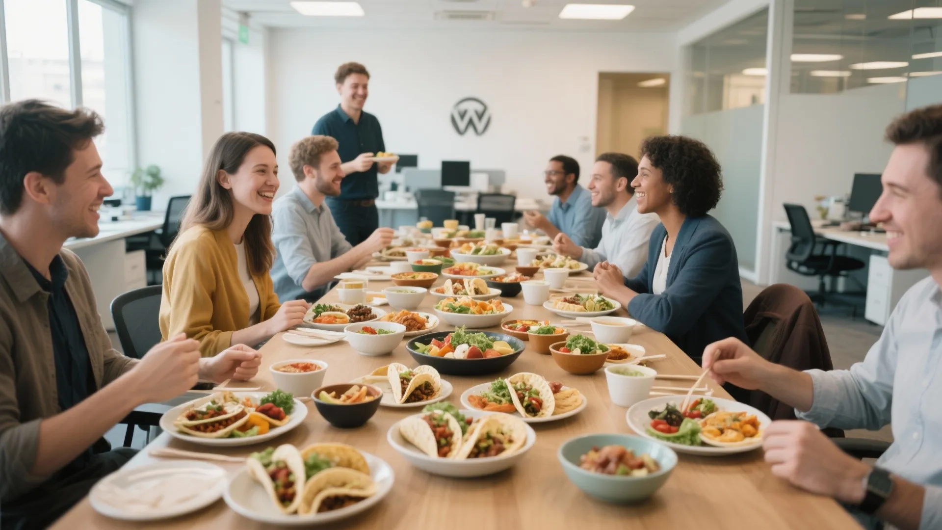 Diverse group of office workers sharing variety of tacos and salads at a long table