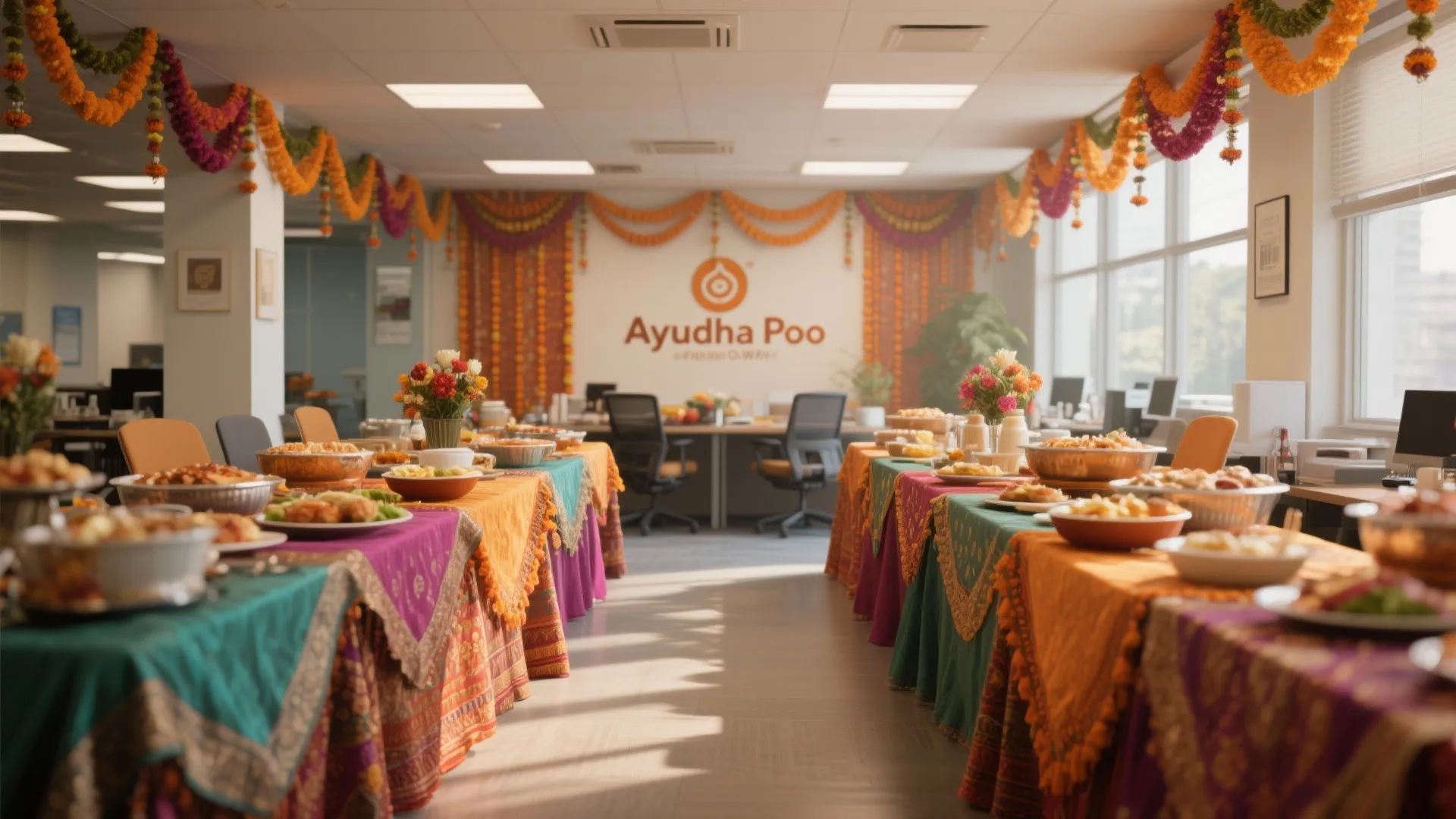 Office interior decorated for a potluck with colorful tablecloths food bowls and hanging flower garlands