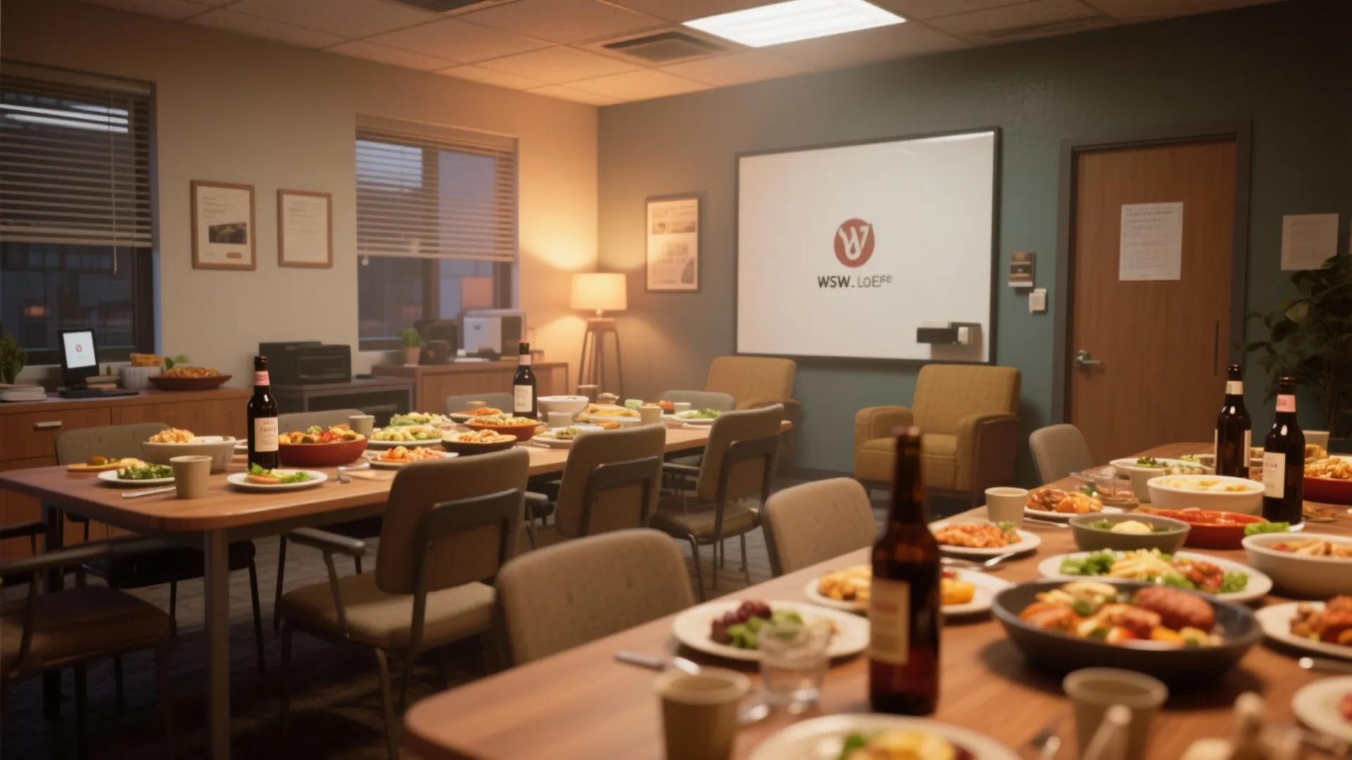 Office meeting room set up with long wooden tables filled with food and glass bottles