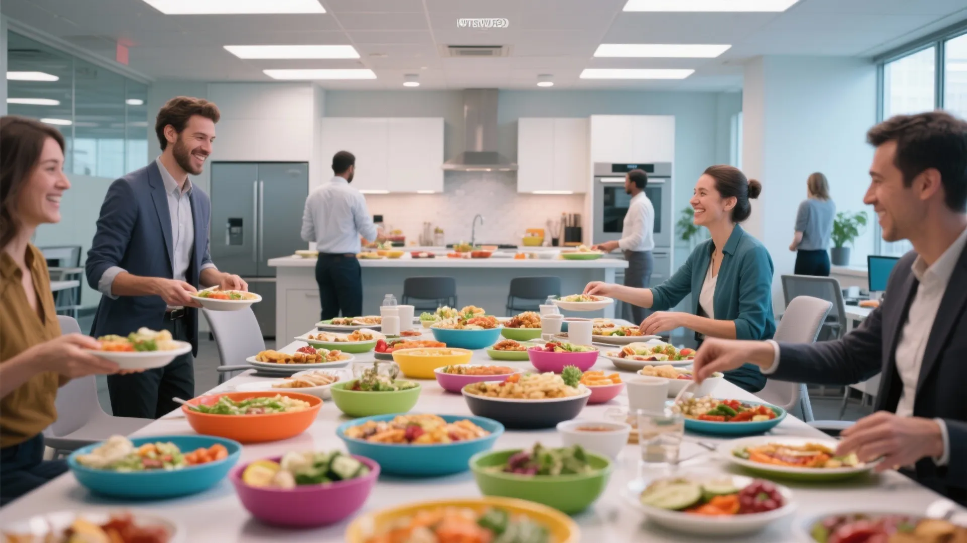 Diverse group of smiling coworkers sharing a healthy meal at a long table during lunch
