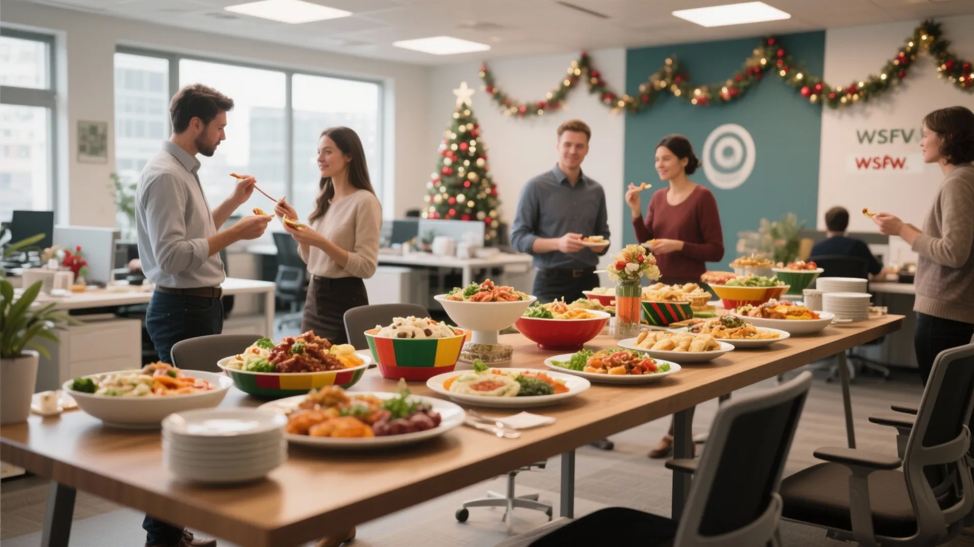 Office buffet with global dishes and festive decorations