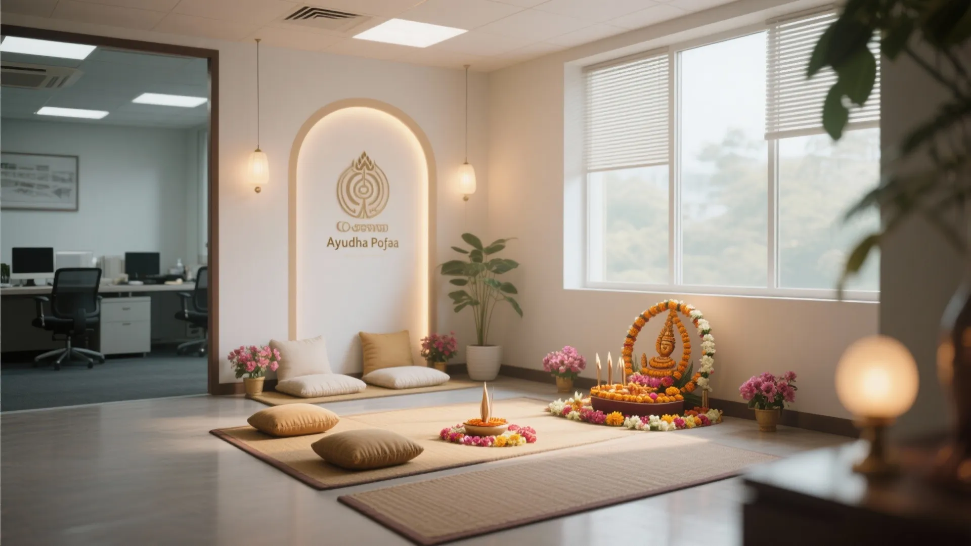 Modern office prayer corner with floor cushions flowers light fixture large window and white wall
