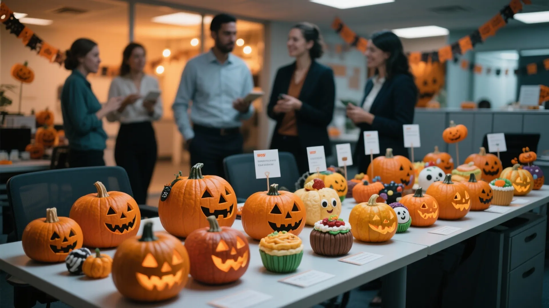 Long office desk displaying many carved pumpkins for a contest with coworkers talking in background