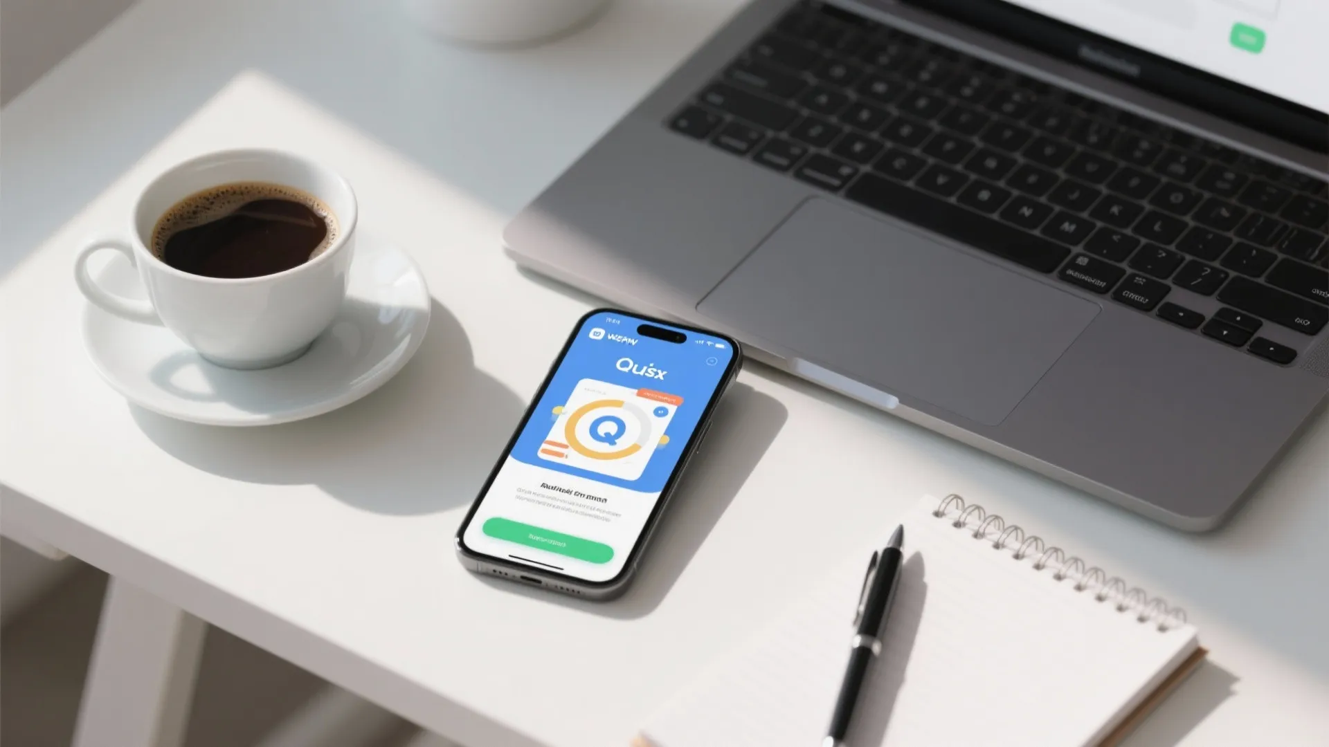 Smartphone showing a quiz app next to laptop coffee cup and notebook on white office desk