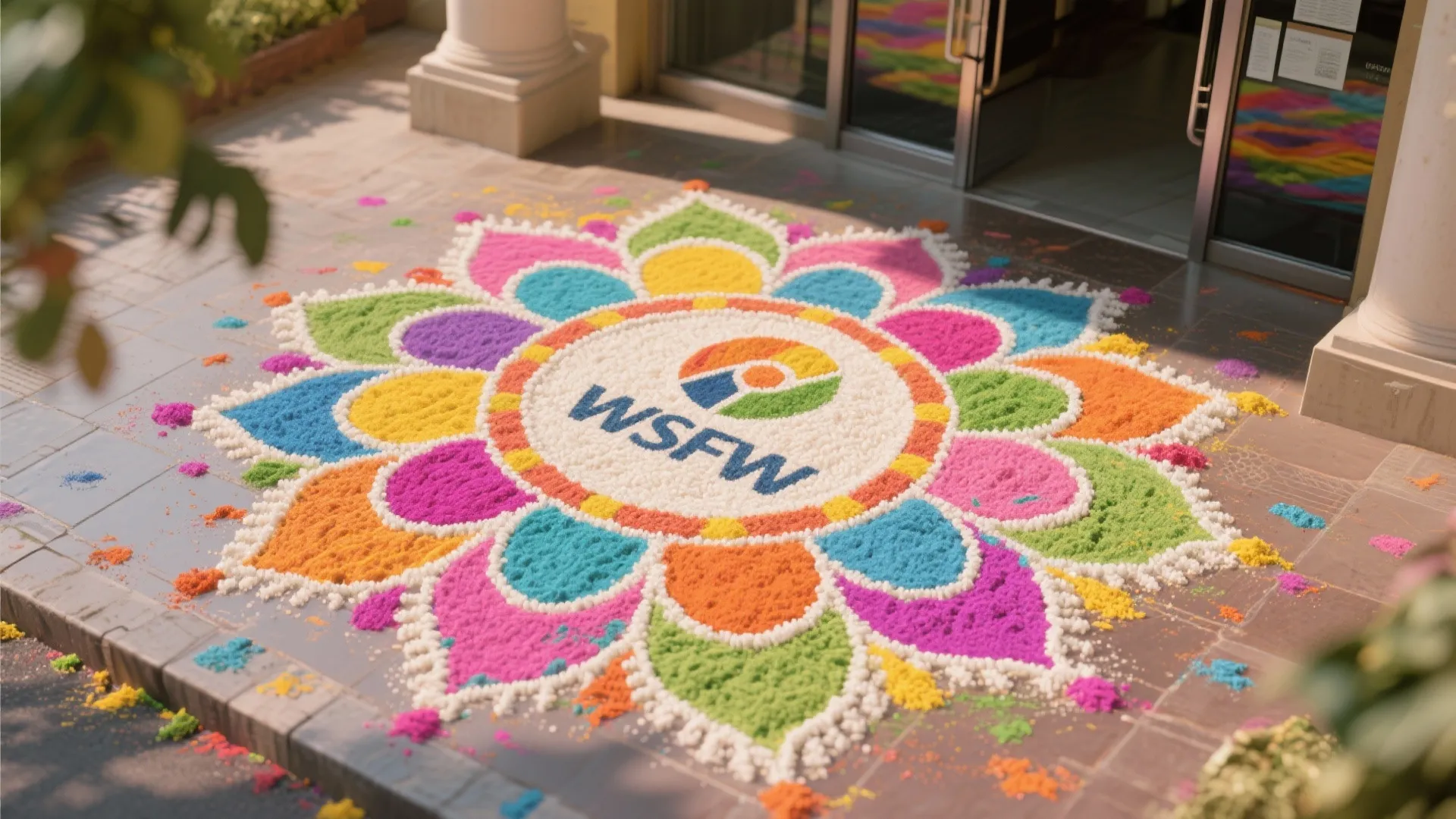 Colorful flower pattern on floor at office entrance featuring a circular logo and bright sand