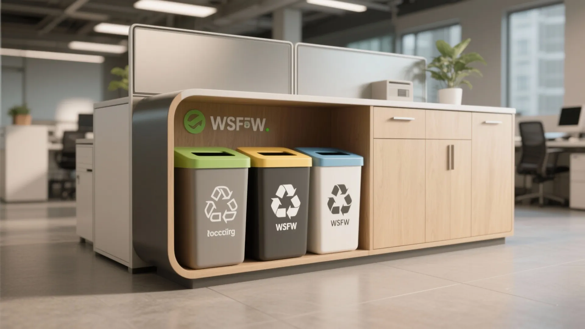 Wooden cabinet in a modern office holding three colorful recycling bins labeled with various symbols