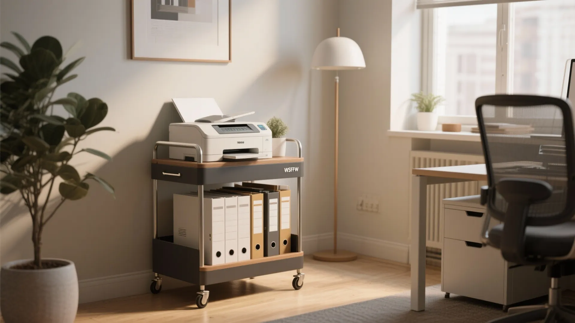 Rolling cart storing printer and files in a small office