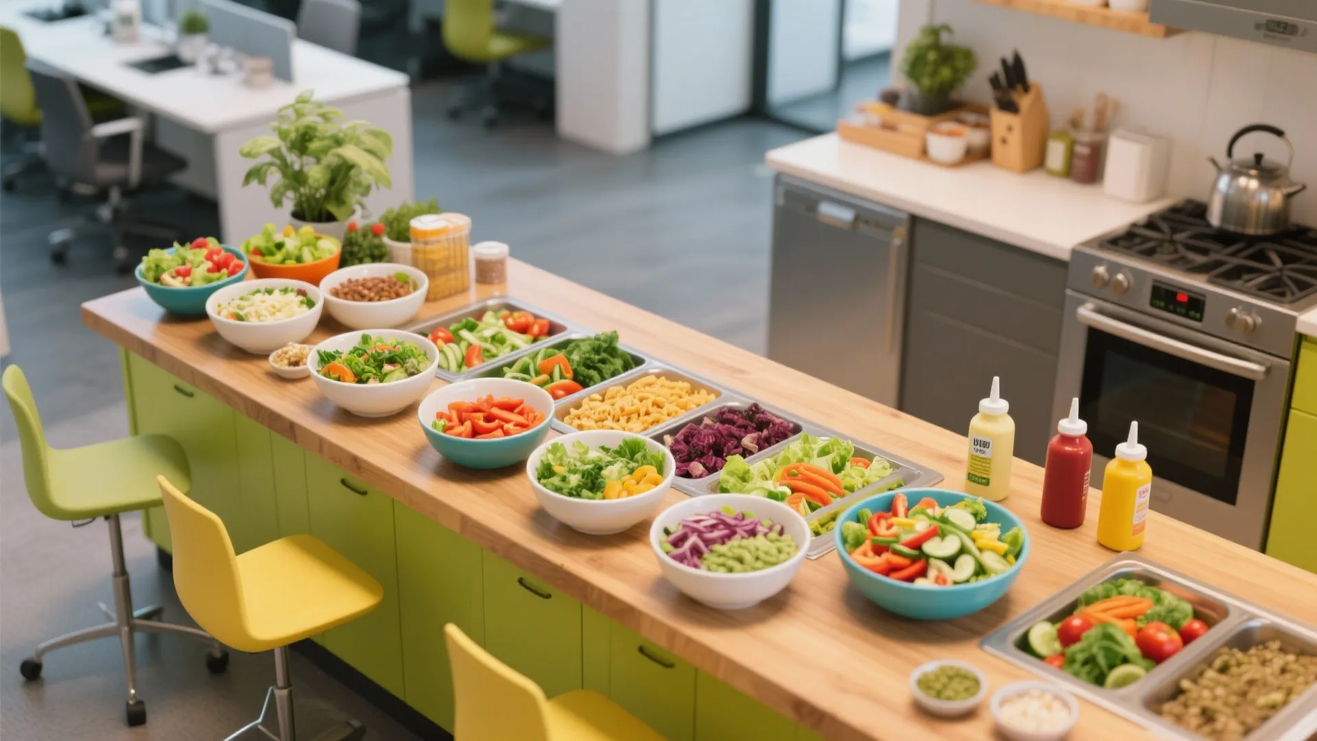 Office kitchen counter with many bowls of fresh vegetables, green cabinets, and bright yellow chairs