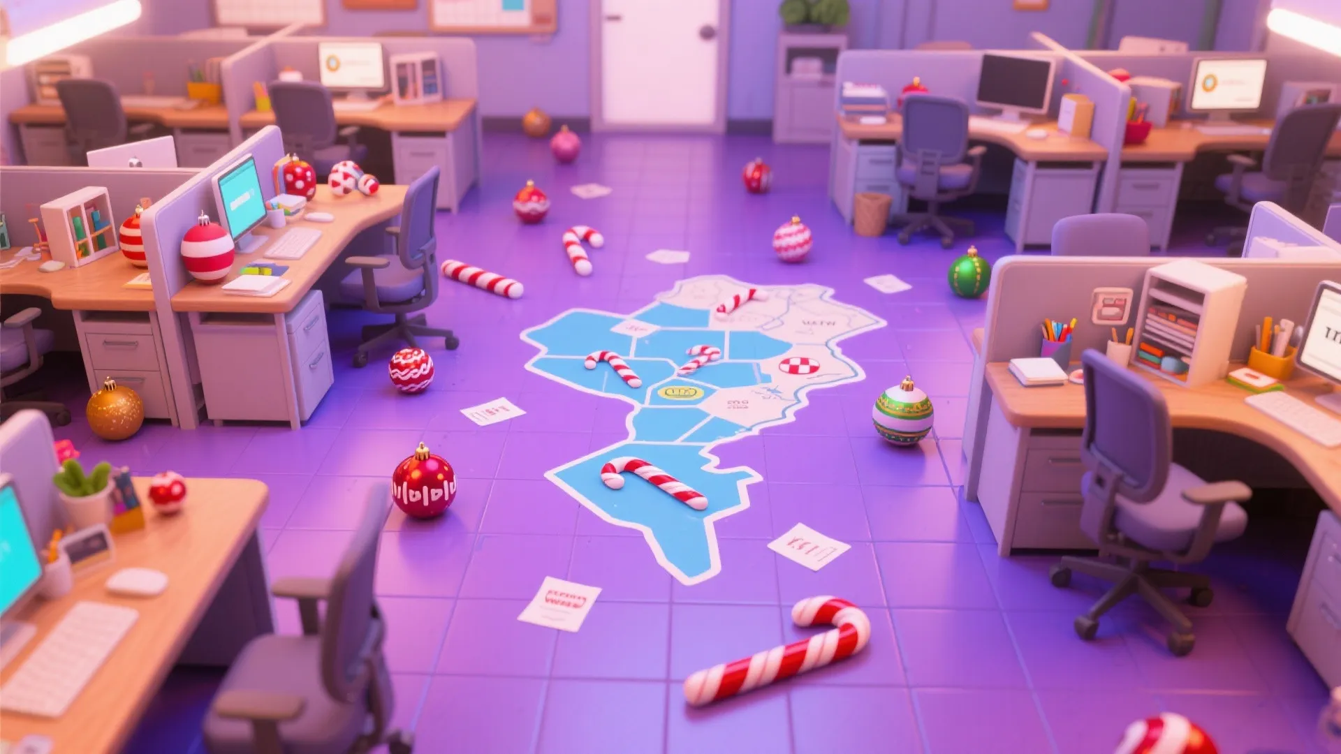 Office room with desks and chairs decorated with holiday ornaments for a fun scavenger hunt