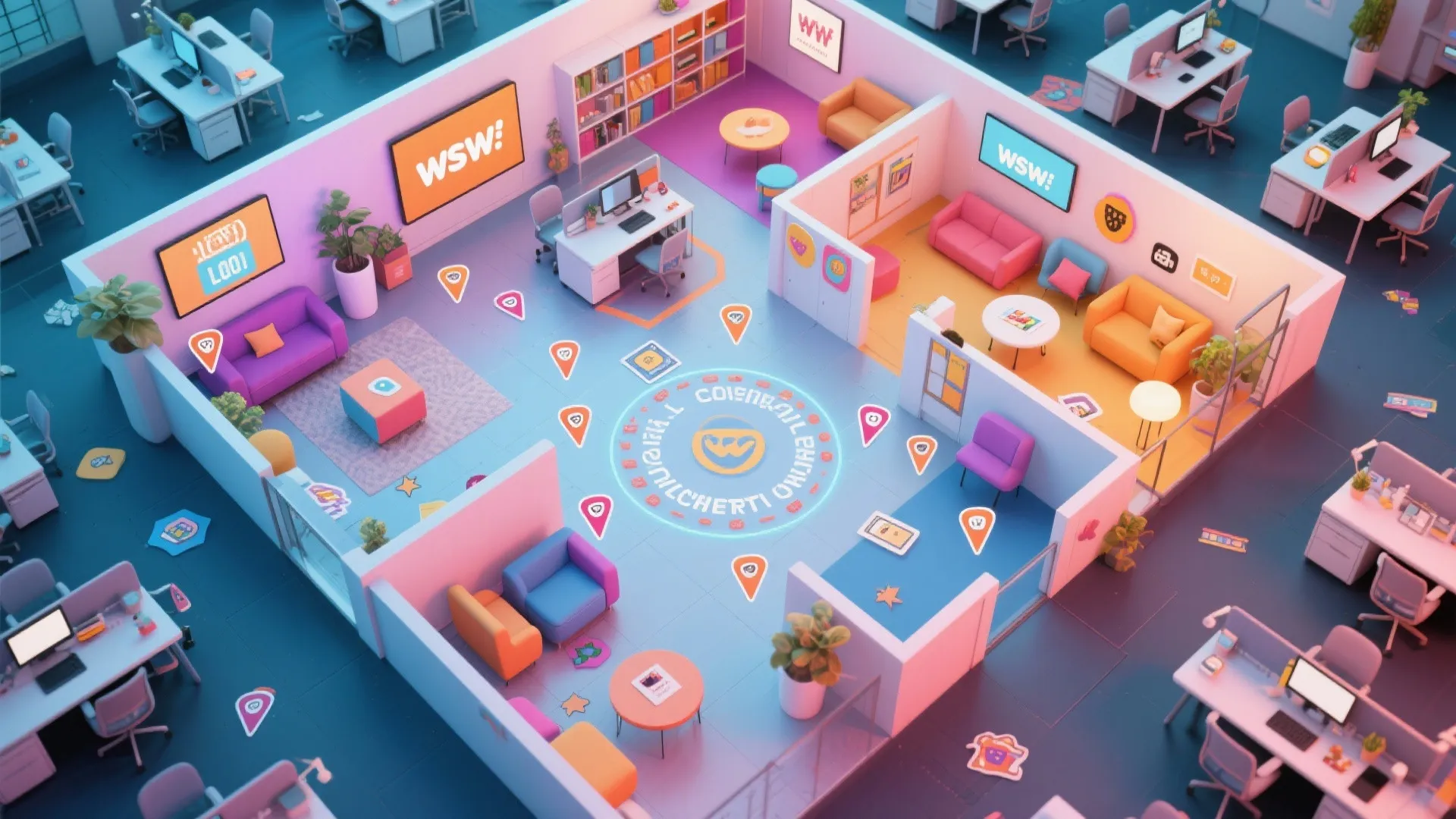 Top view interior design drawing of a colorful office layout with several sofas and colorful markers