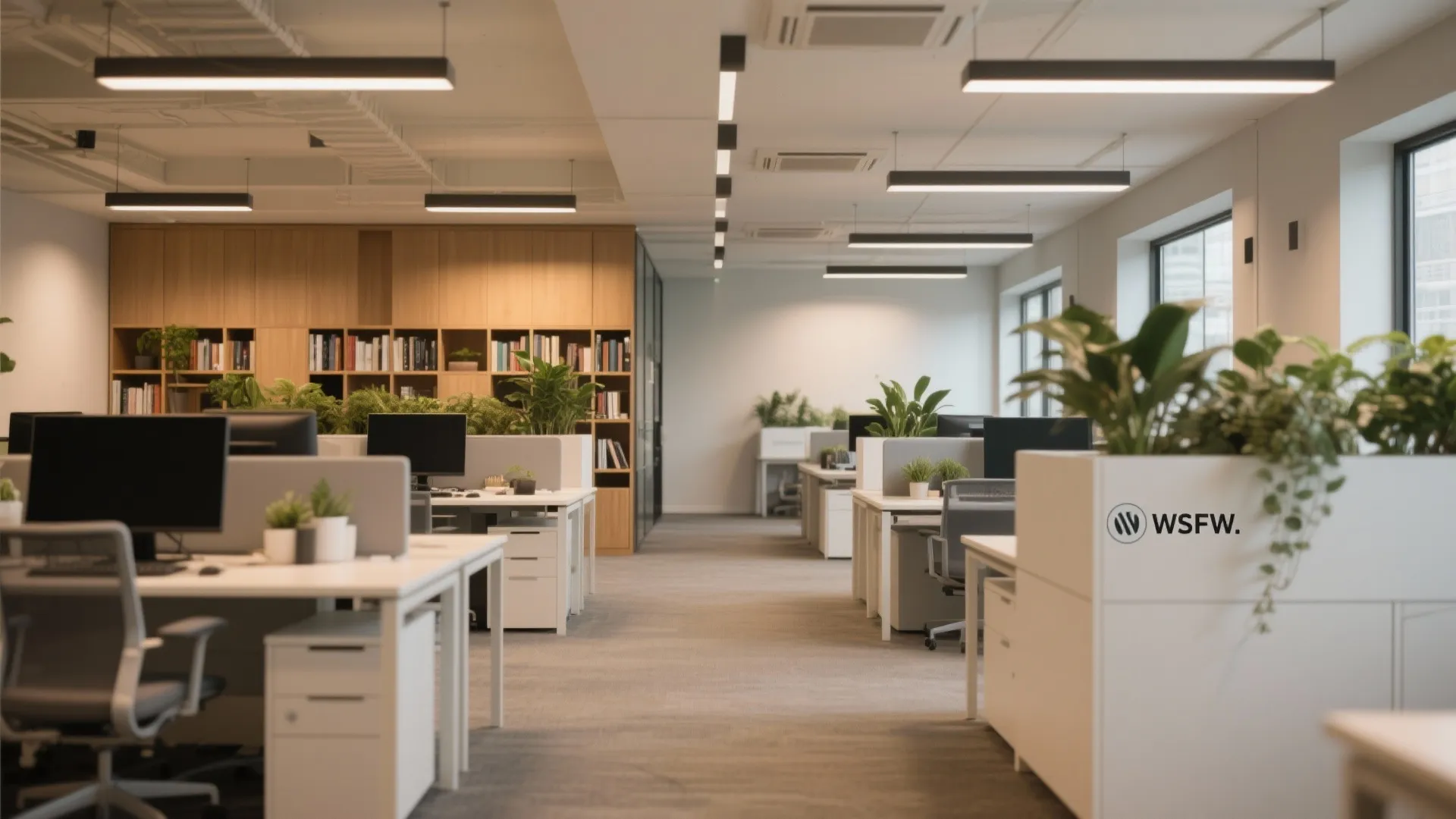Office design with desks and plants placed to limit visibility of screens