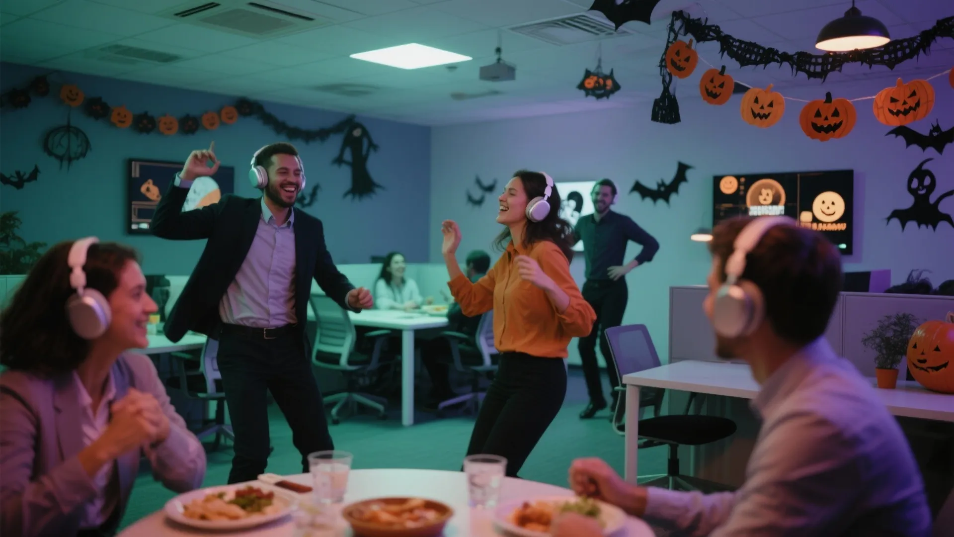 Office employees wearing headphones dancing at Halloween party with pumpkin decorations and food on tables