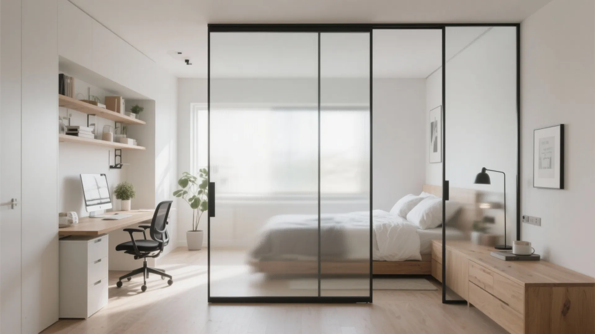 Modern home office and bedroom separated by a black frame glass sliding door partition wall