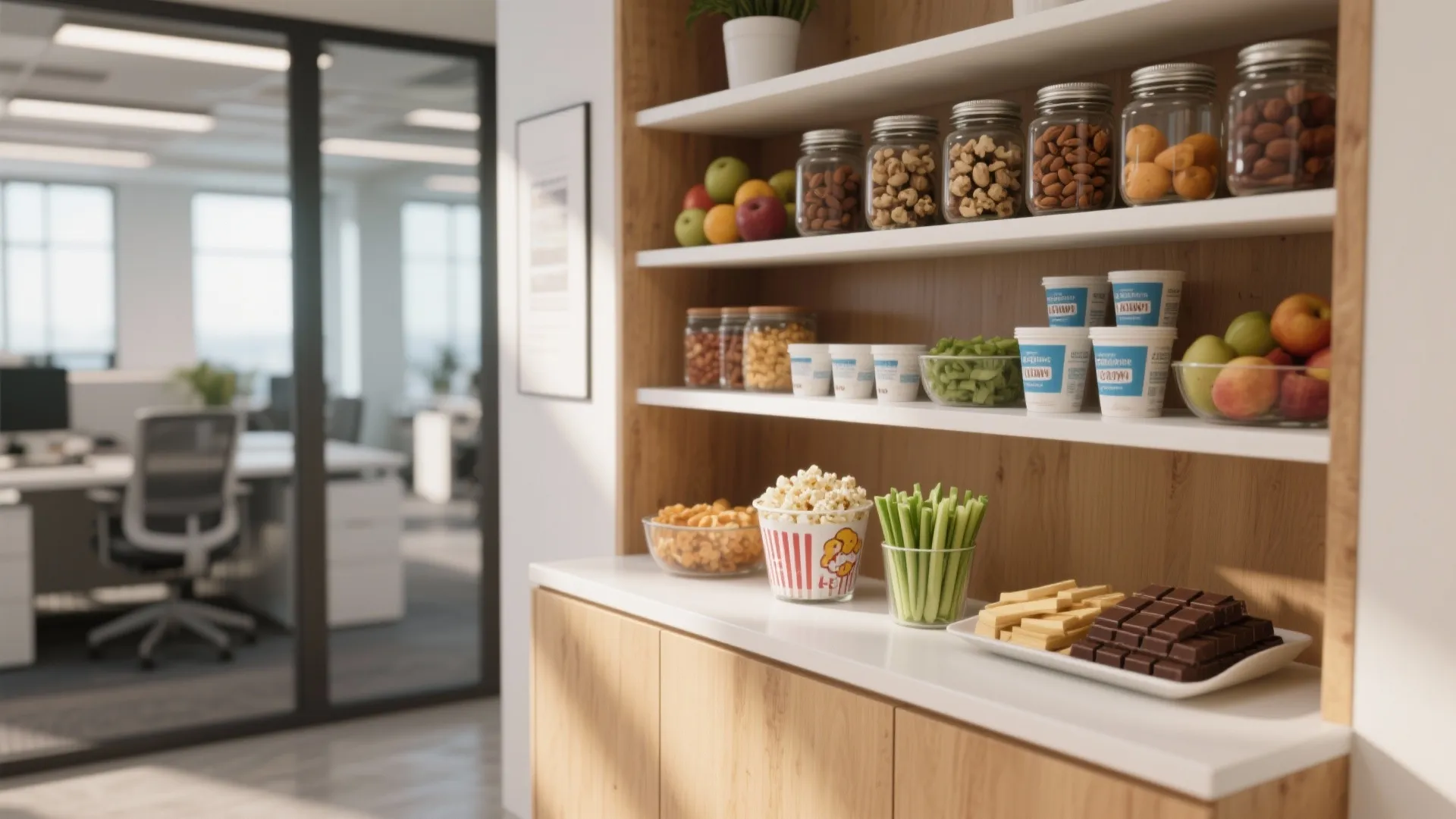 Office snack station with wooden shelves holding jars of nuts fruits popcorn and chocolate bars