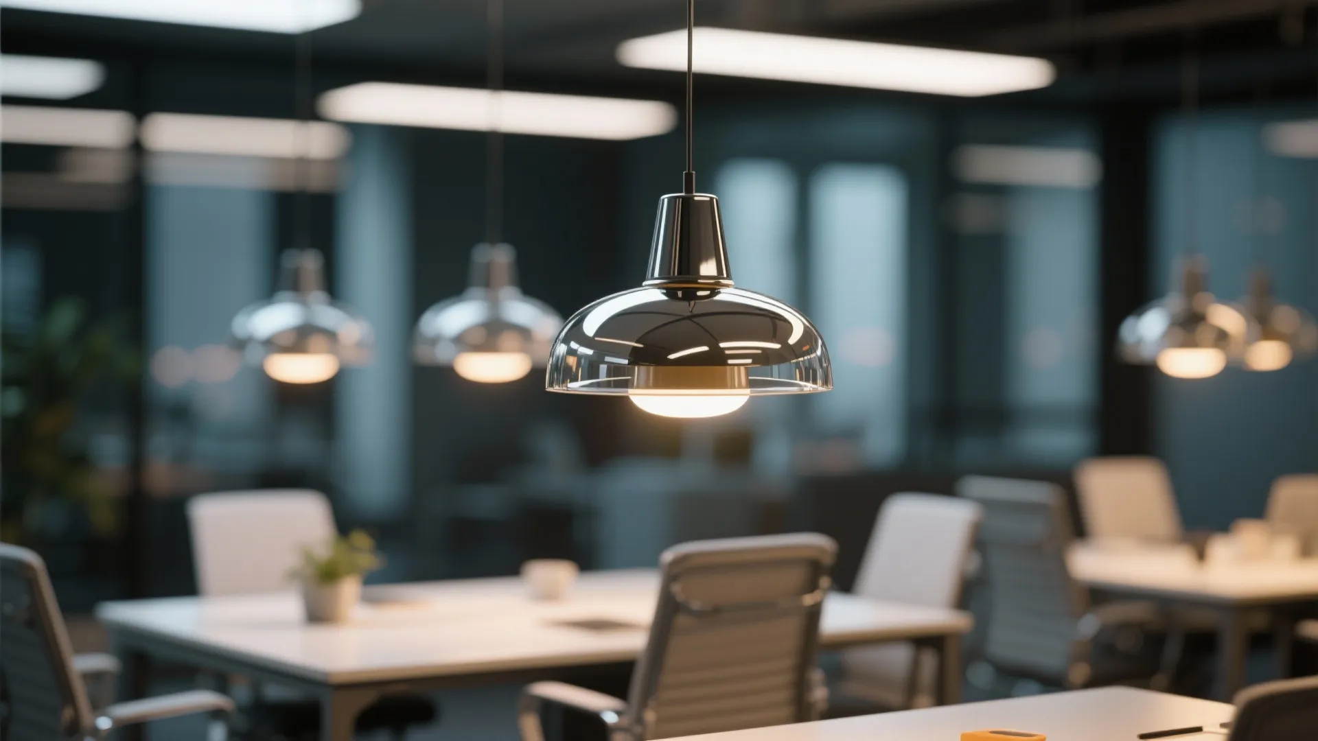 Pendant lights over collaborative office tables with warm glow