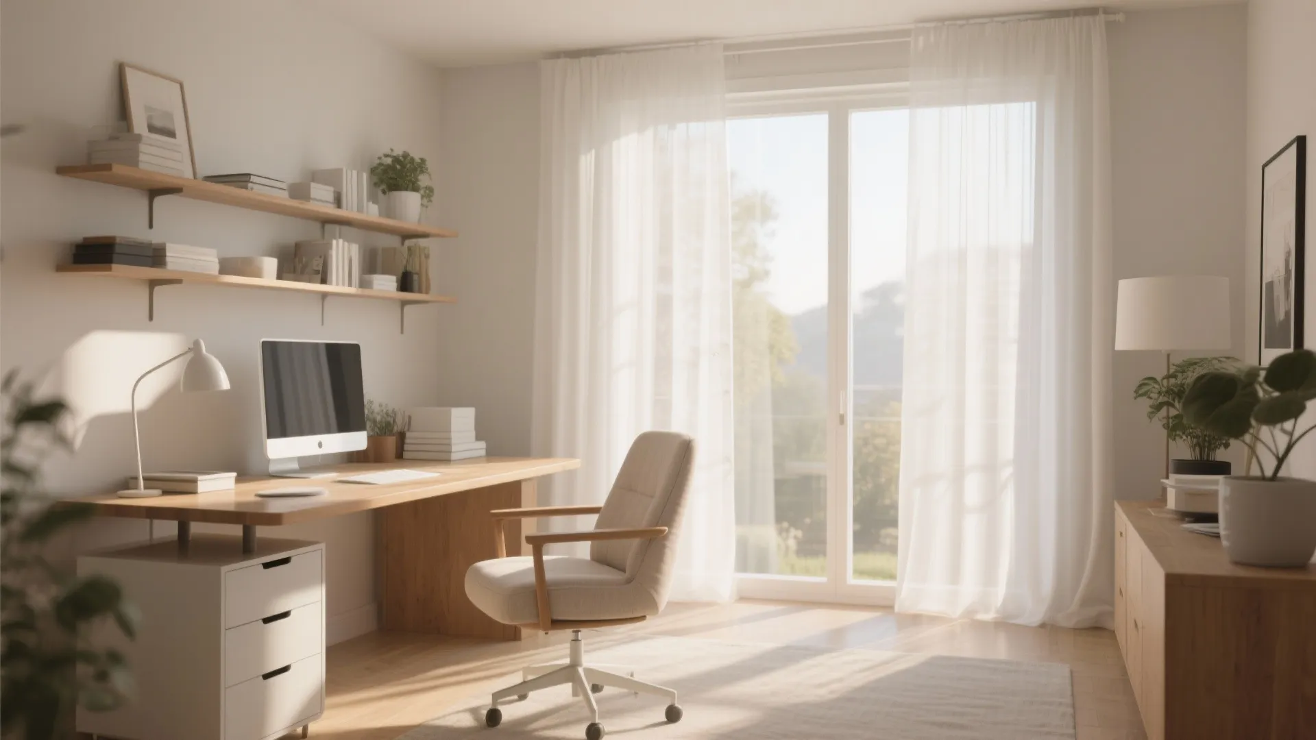 Office with sheer curtains allowing sunlight to brighten space