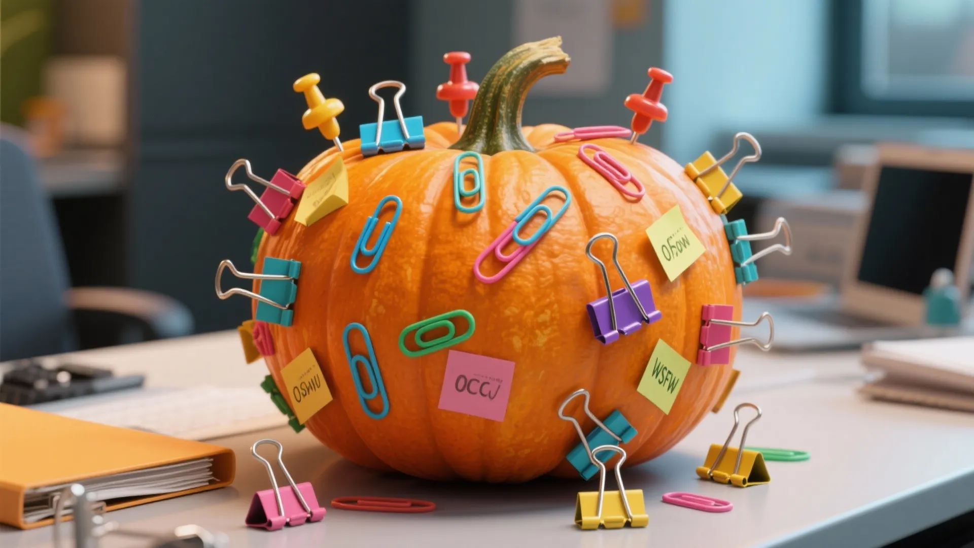 Pumpkin decorated with office supplies like paperclips and pins