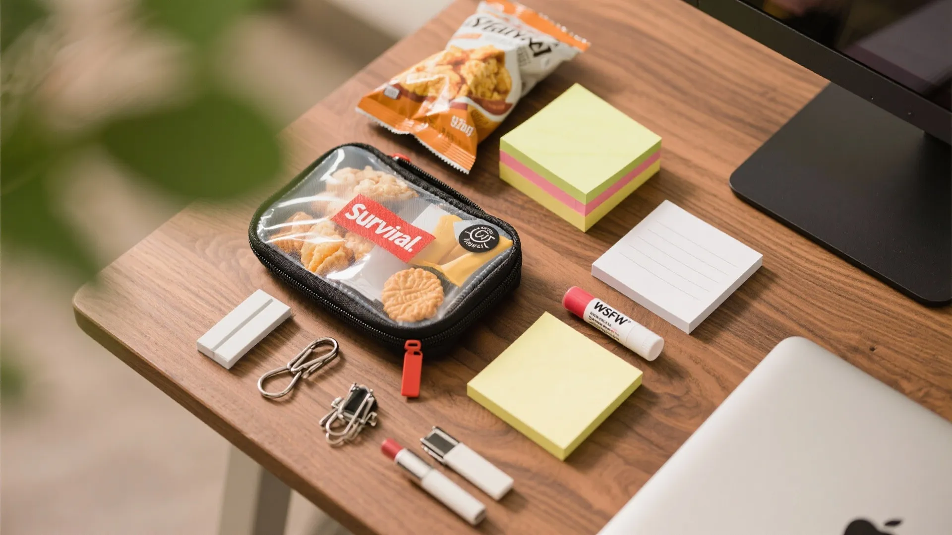 Office survival kit with snacks sticky notes and small tools on a wooden desk surface