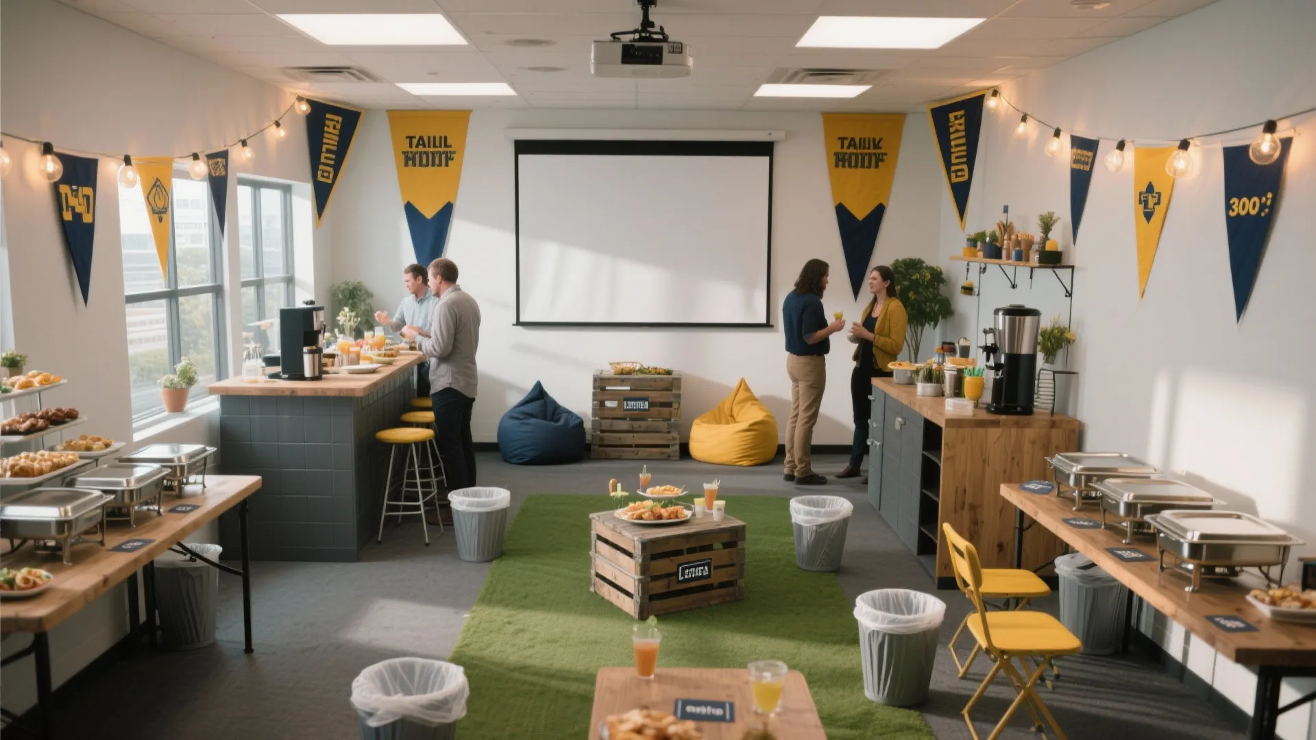 Meeting room setup with buffet tables food projector screen bean bags and yellow chairs decor