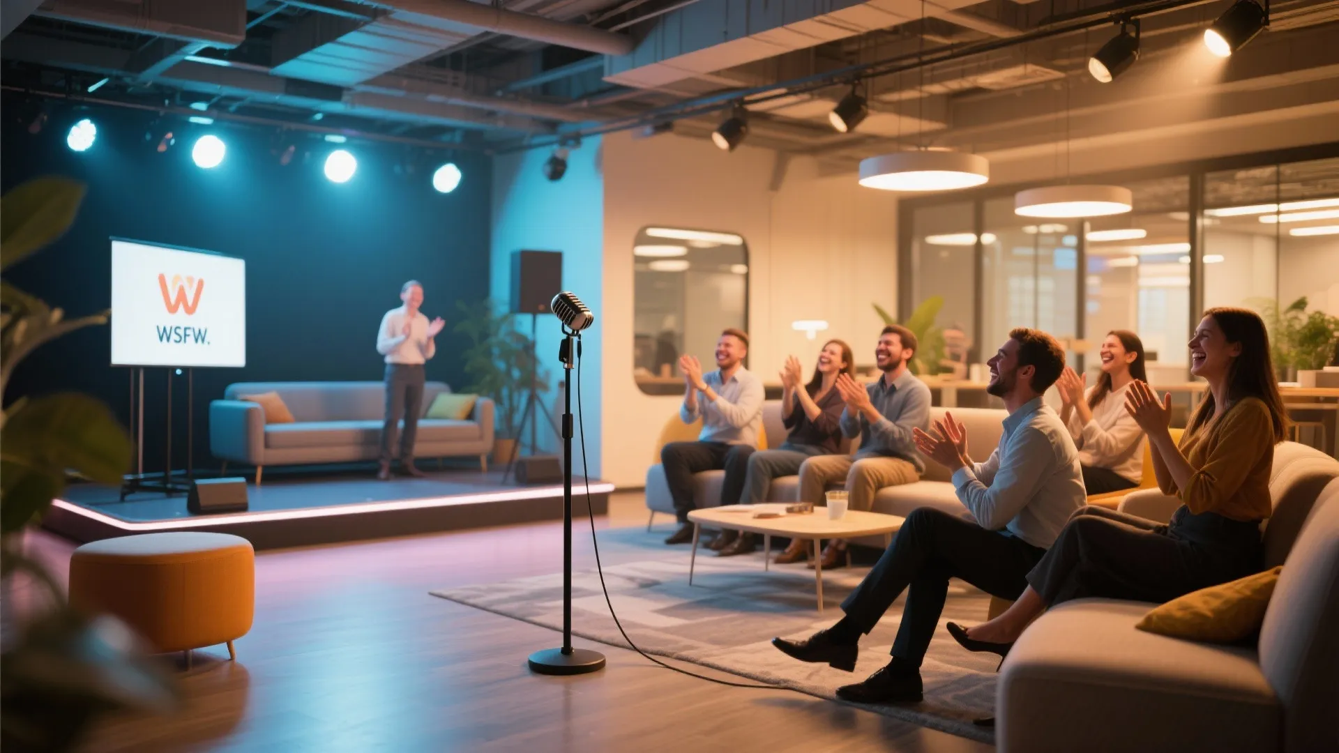 Group of office workers clapping and laughing during a talent show event in the lounge