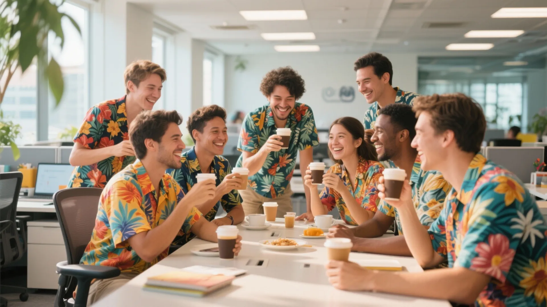 Office workers in Hawaiian shirts enjoying coffee tasting