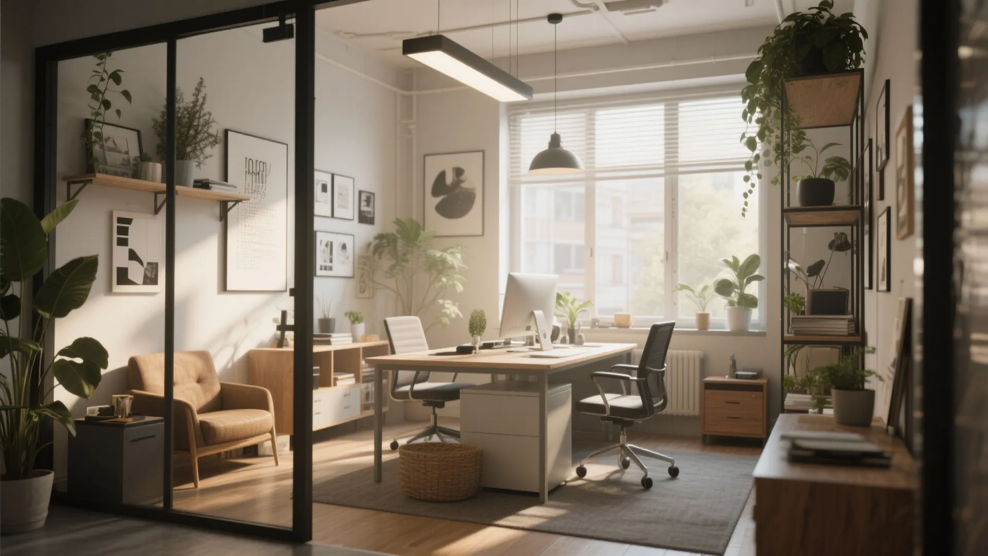 Modern home office with wooden desk black chairs white wall shelving potted plants and ceiling light