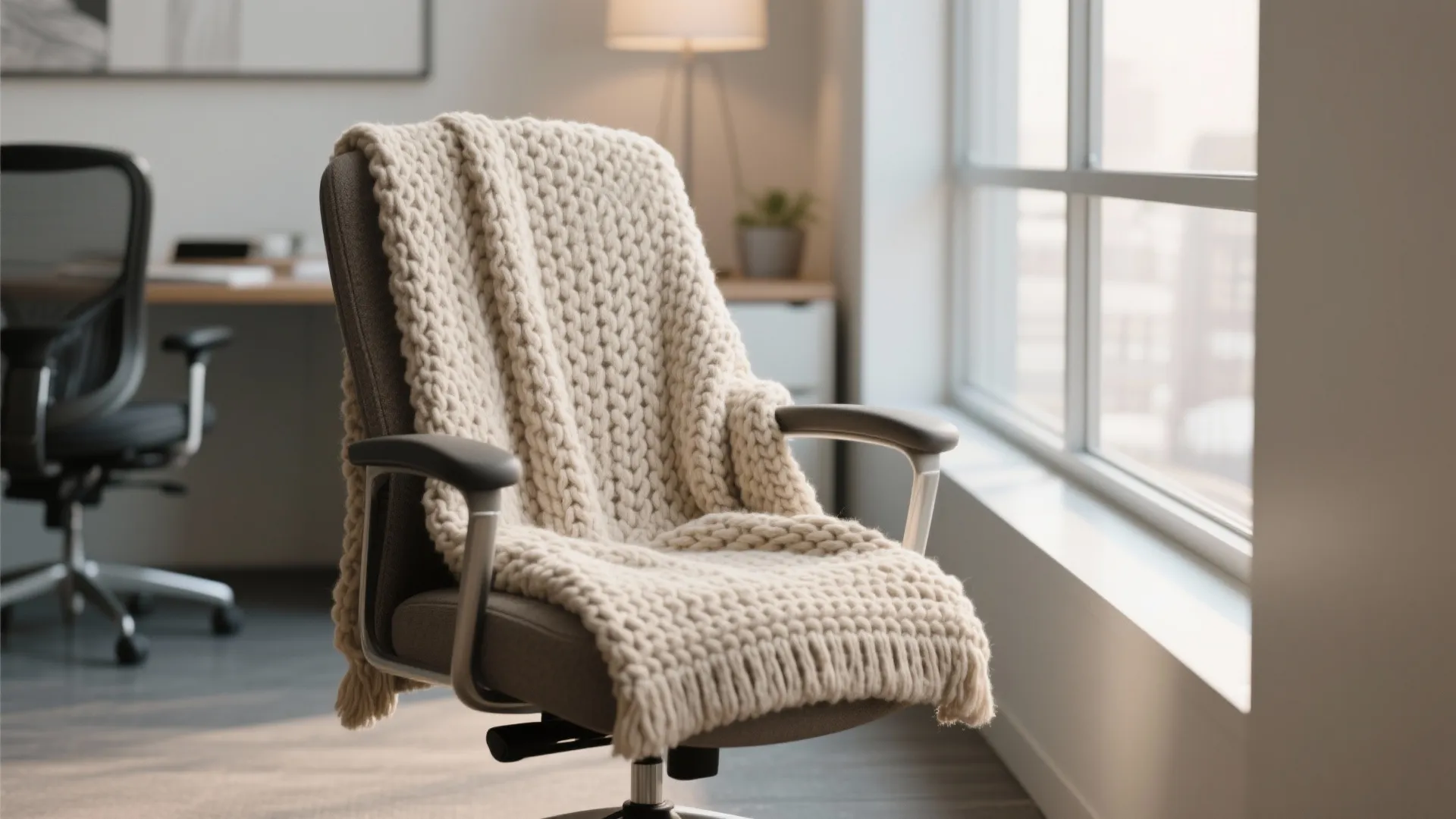 Cream colored knitted throw blanket draped over a grey office chair in a bright workspace