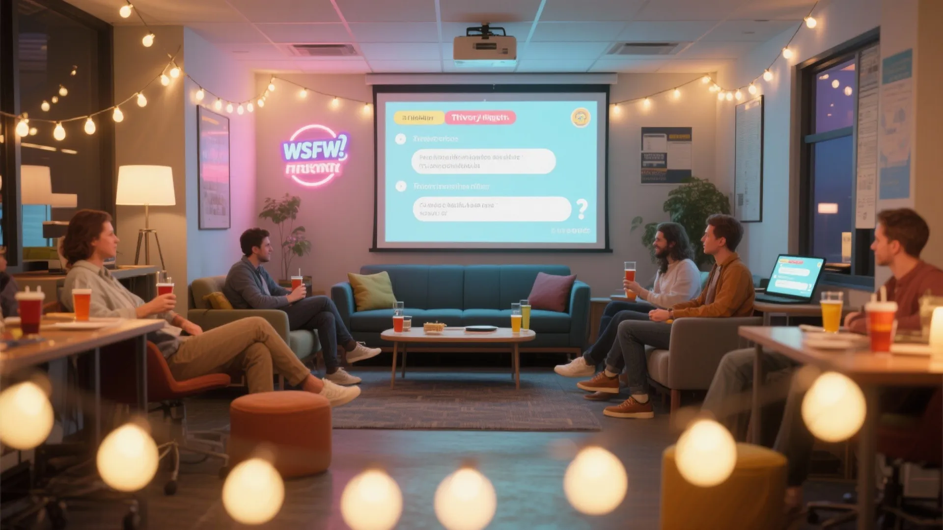 People enjoying drinks in a modern office lounge with projector screen for a trivia night