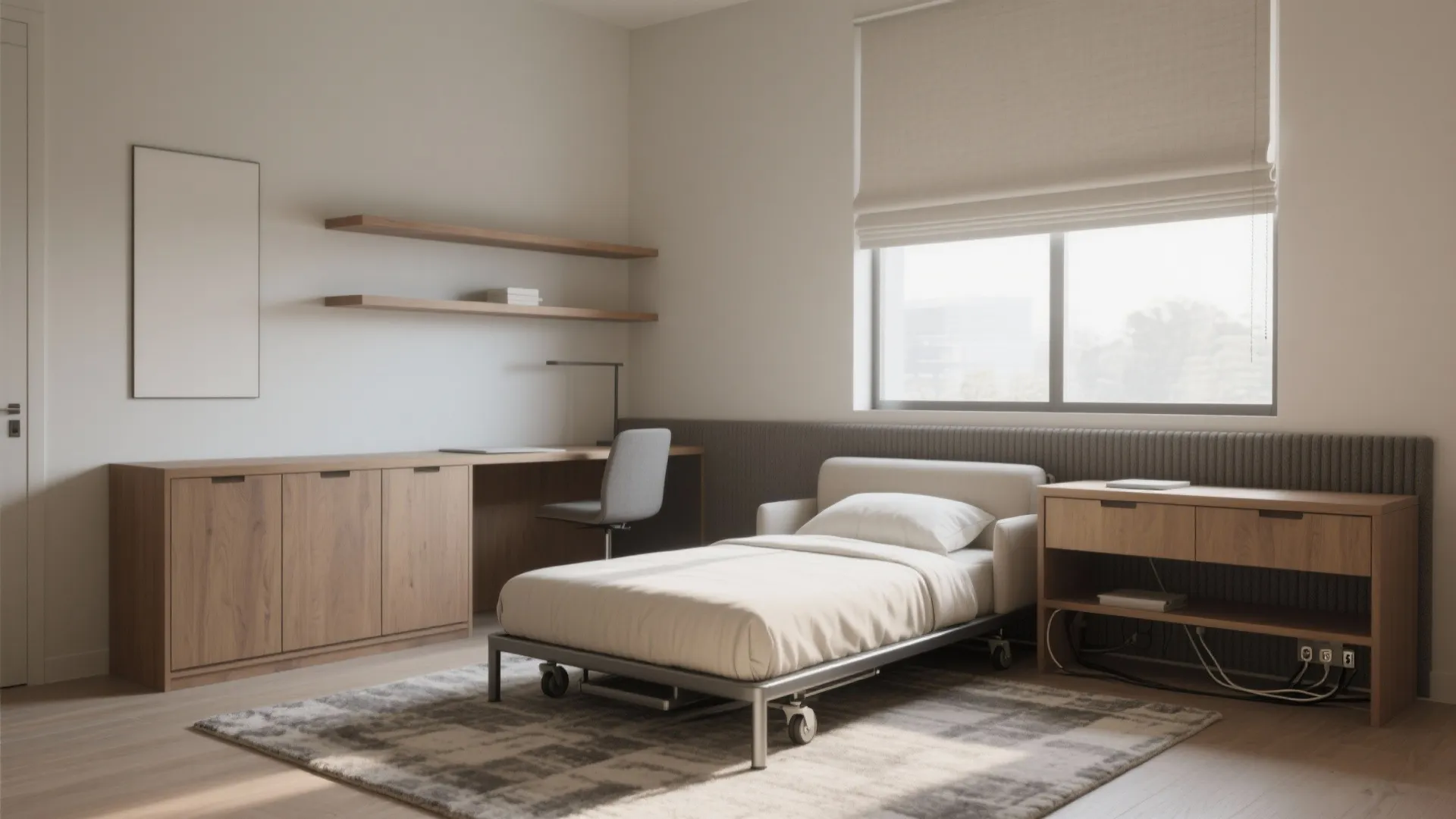 Hybrid office with a slim daybed-trundle, closed storage desk, acoustic rug, and blackout shade for guest-ready use.