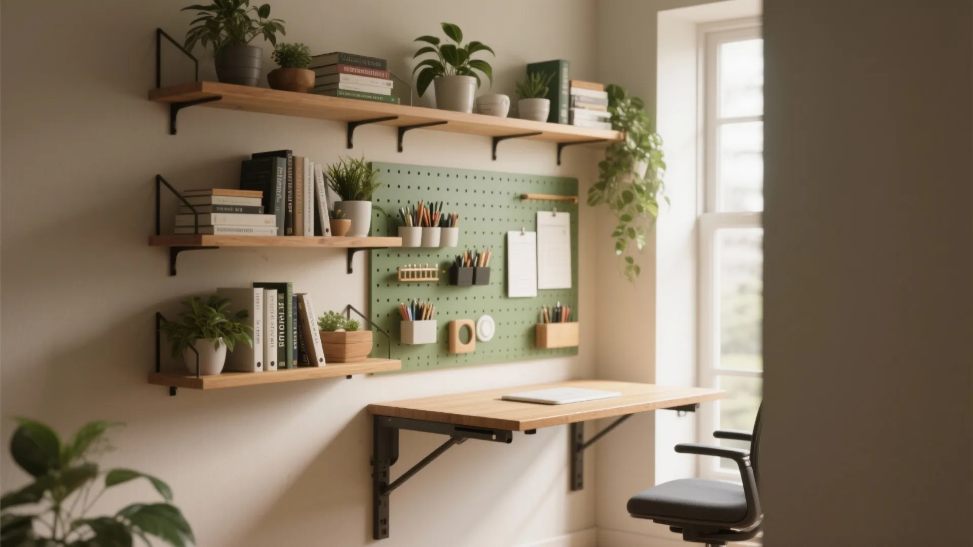 1. Go vertical: shelves, pegboards and wall desks
