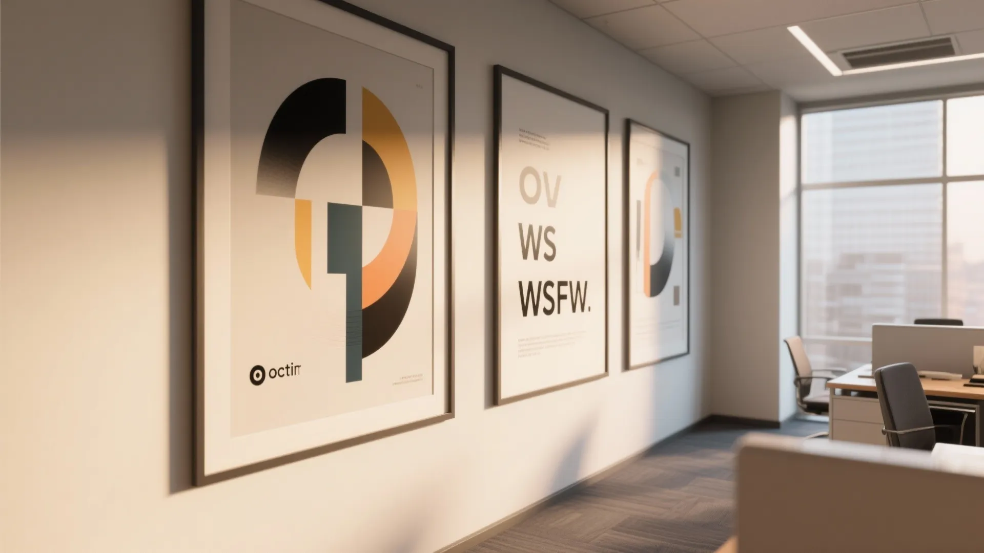Modern office wall featuring three large framed geometric art prints with desks and chairs nearby