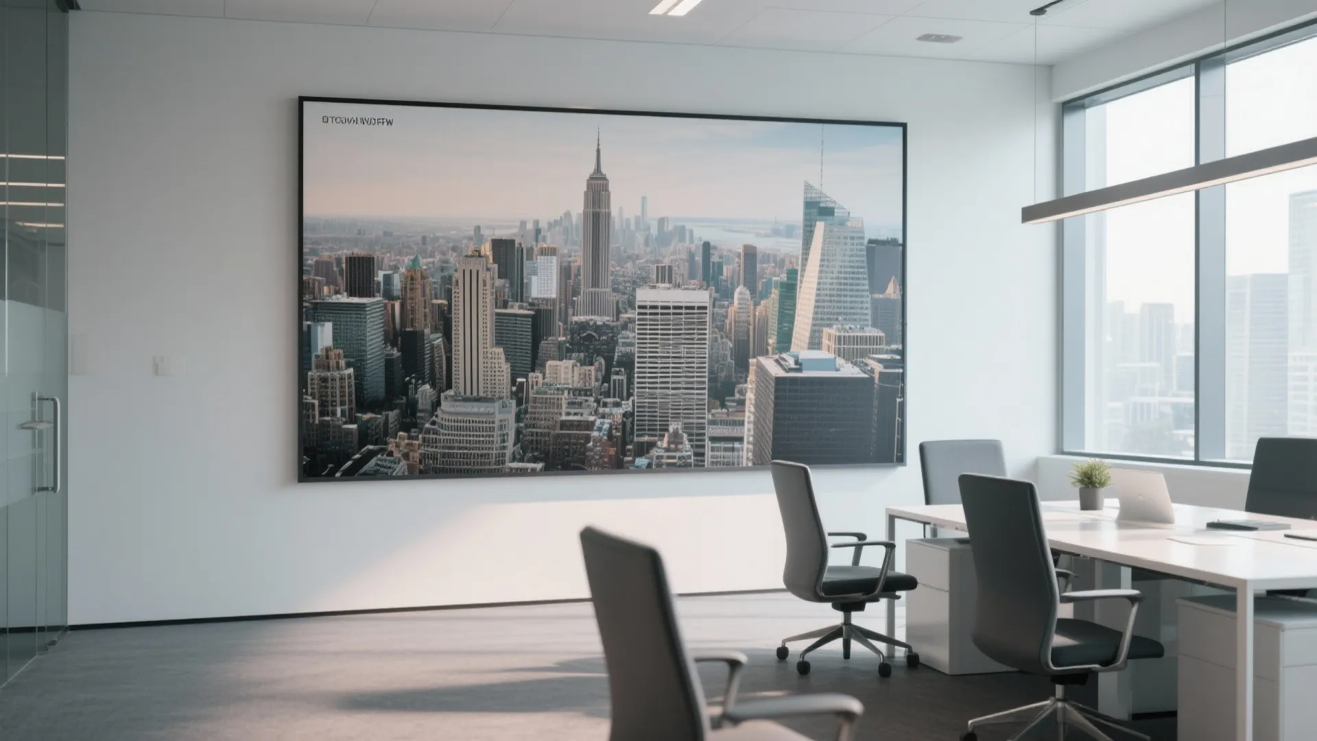 Office featuring oversized cityscape art print as focal point