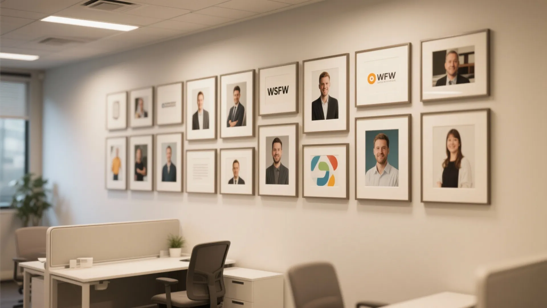 Office wall decorated with personal framed photos and art prints