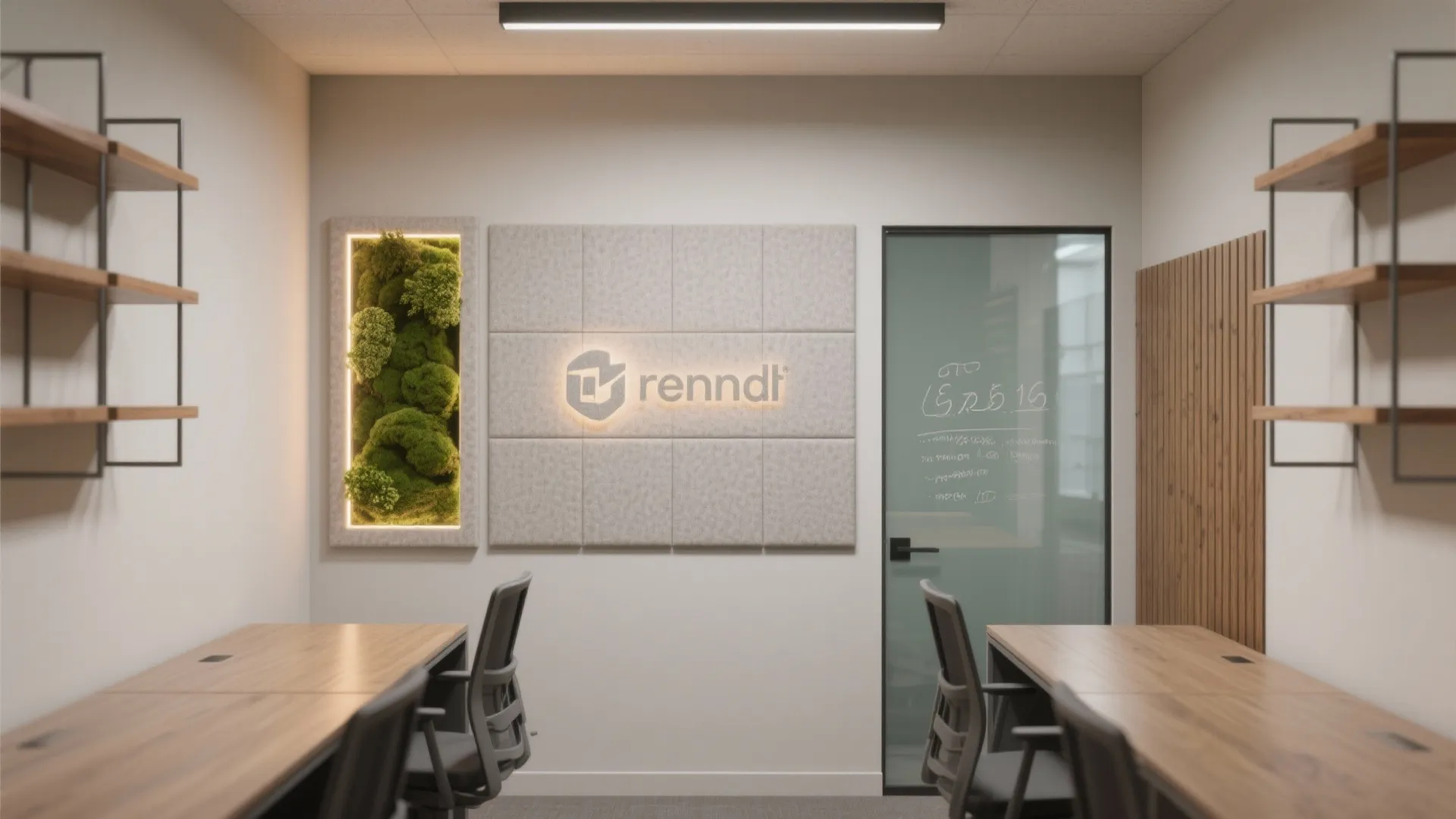 Modern office interior with wooden desks, office chairs, wall panels, and green moss wall feature