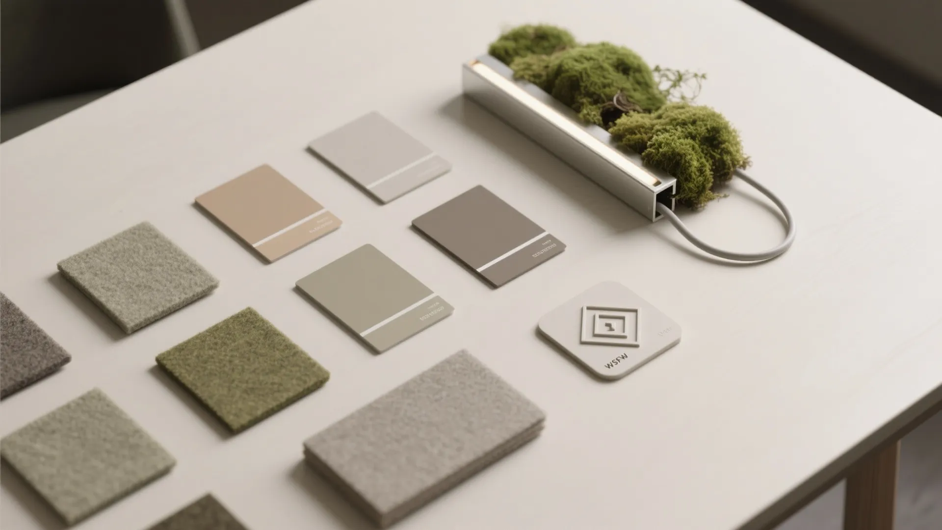 Interior design mood board with various color samples and fabric swatches on a white table