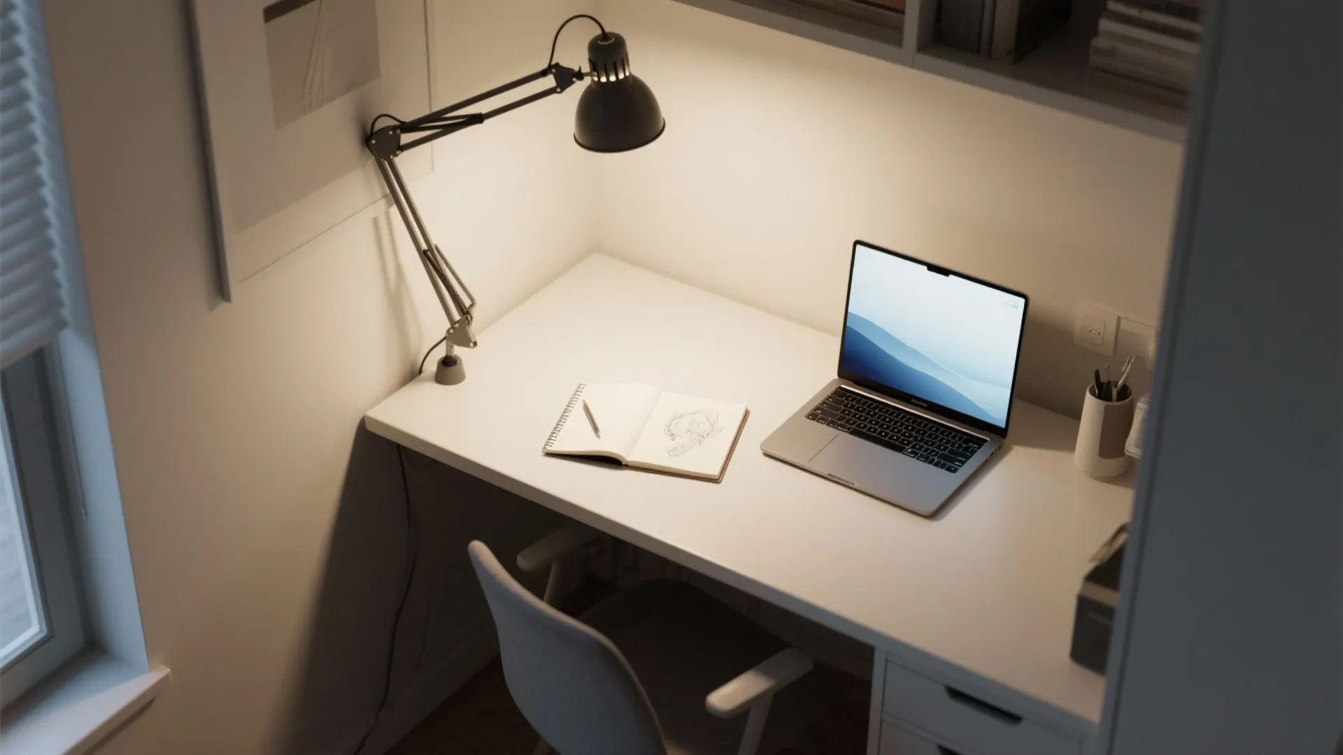 Modern home office workspace with white desk laptop black desk lamp chair and bright window