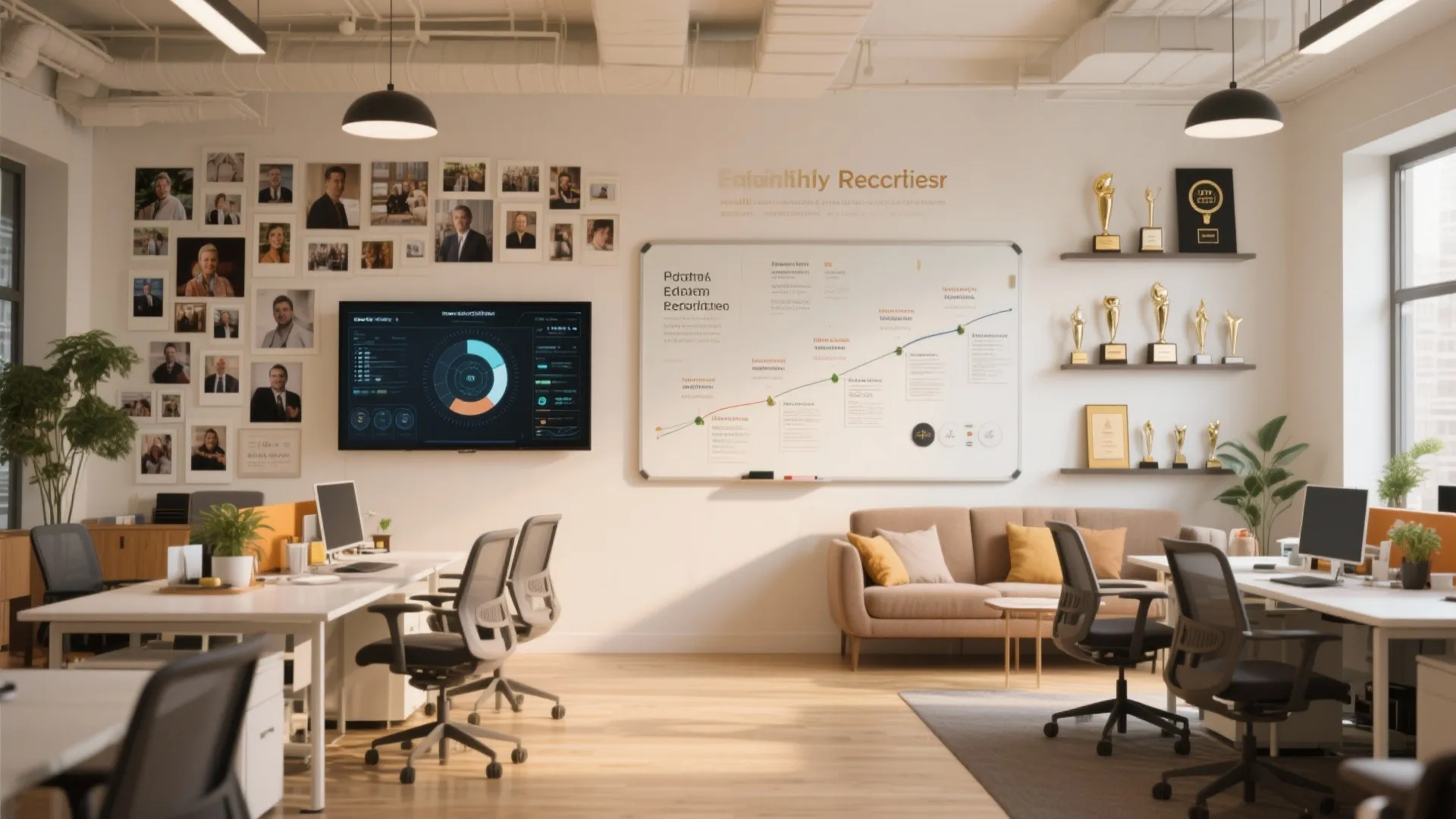 Bright office space with whiteboards and photos on walls near sofa and workstations with chairs