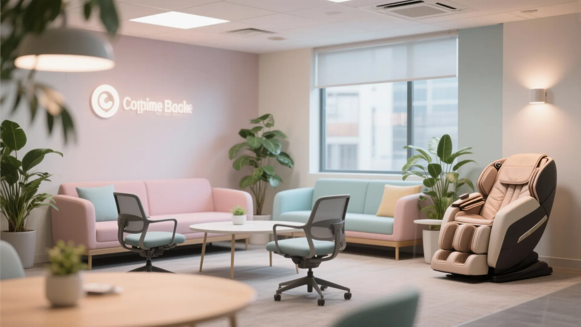 Modern office relaxation area with colorful sofas massage chair plants and grey chairs for employee wellness