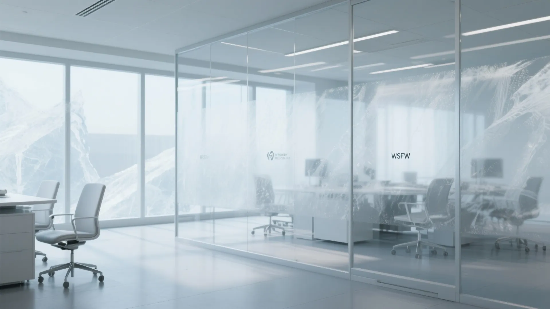 Modern office interior with glass walls featuring frosted patterns and white chairs next to desks