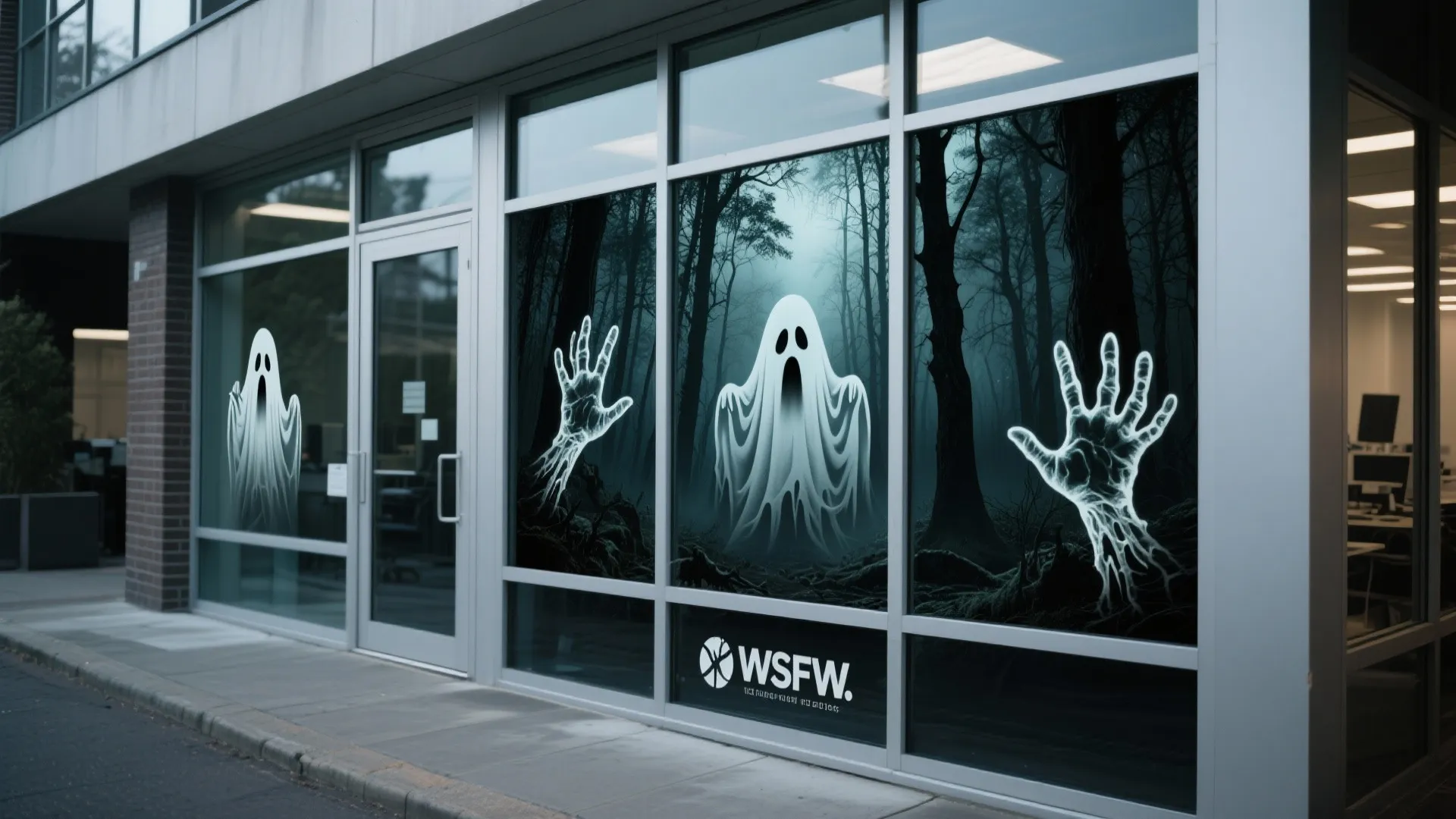 Exterior office glass windows featuring spooky ghost stickers and glowing hand prints for Halloween decoration