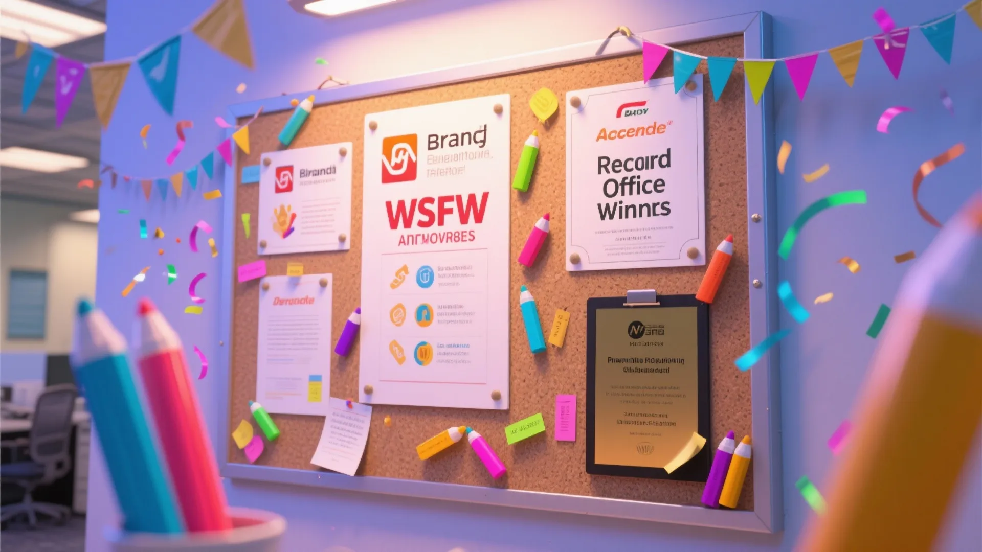 Office notice board displaying award certificates and celebratory decorations with colorful pencils and party flags