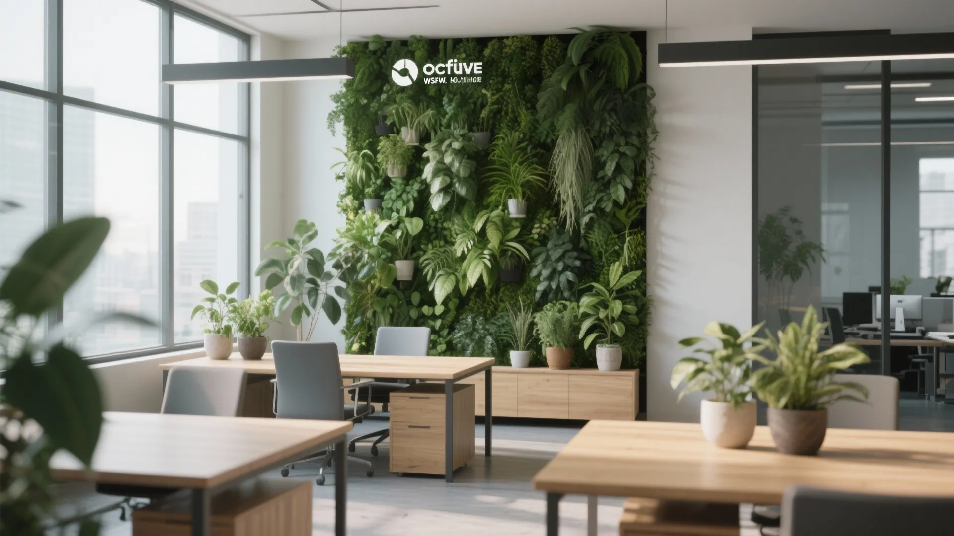 Modern open office space featuring a large green plant wall wooden desks and grey chairs
