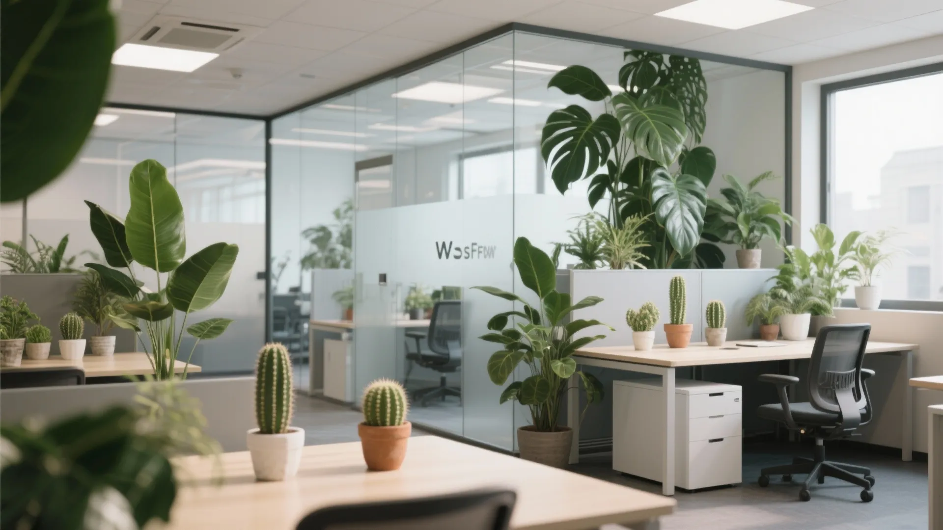 Office decorated with desk plants and large leafy plants