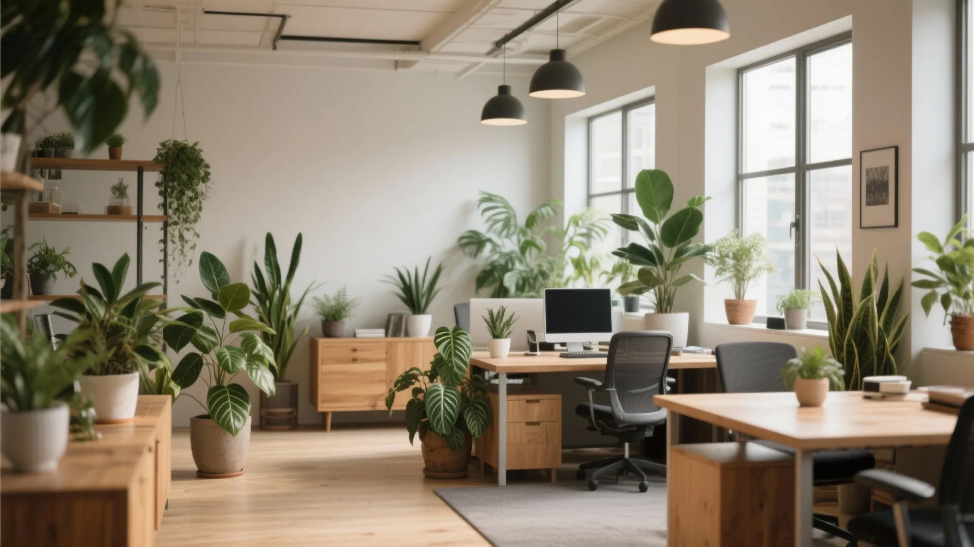 Modern office filled with indoor plants enhancing light and air quality