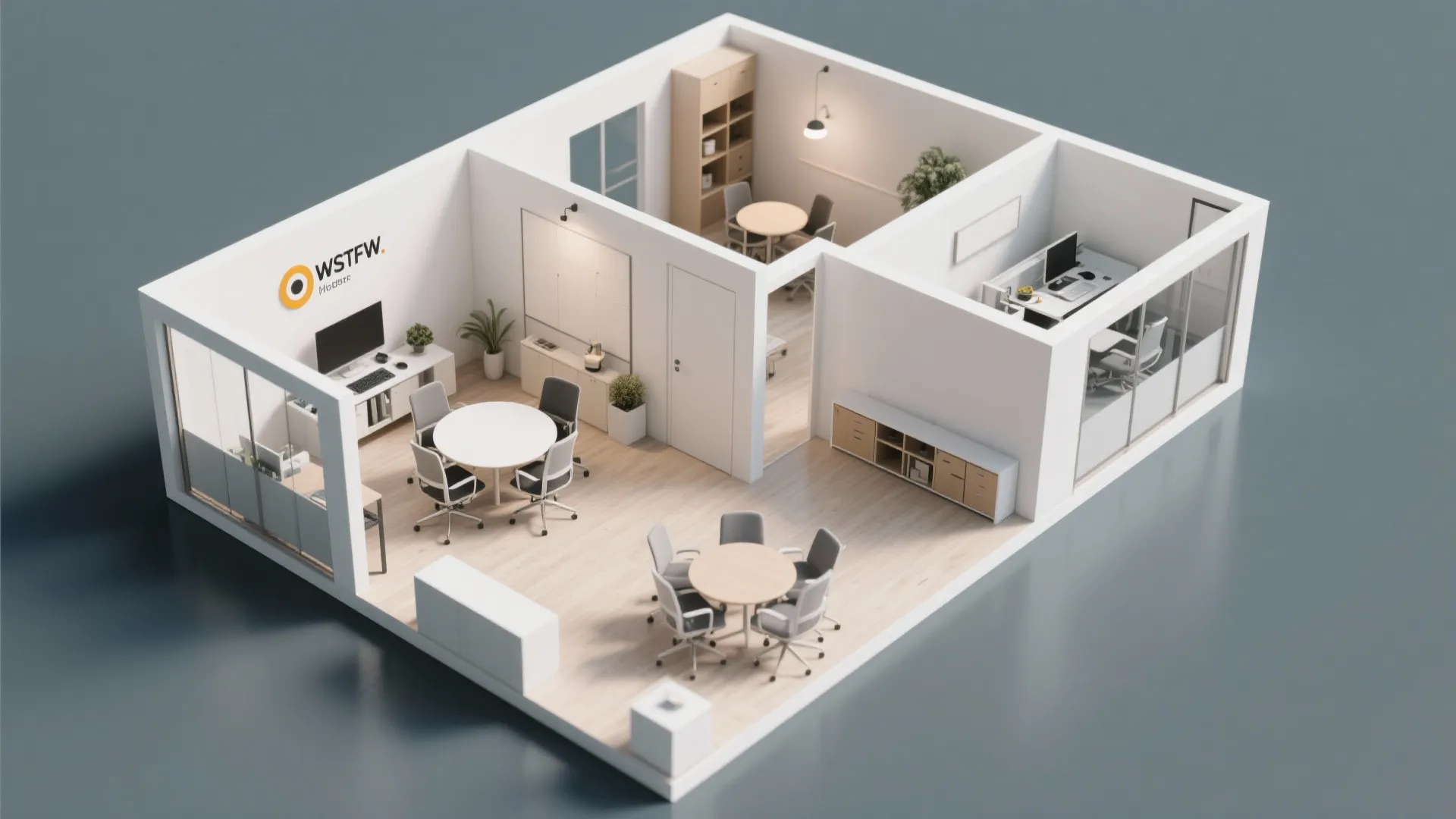 Interior design drawing showing a small office layout with meeting tables and private work zones