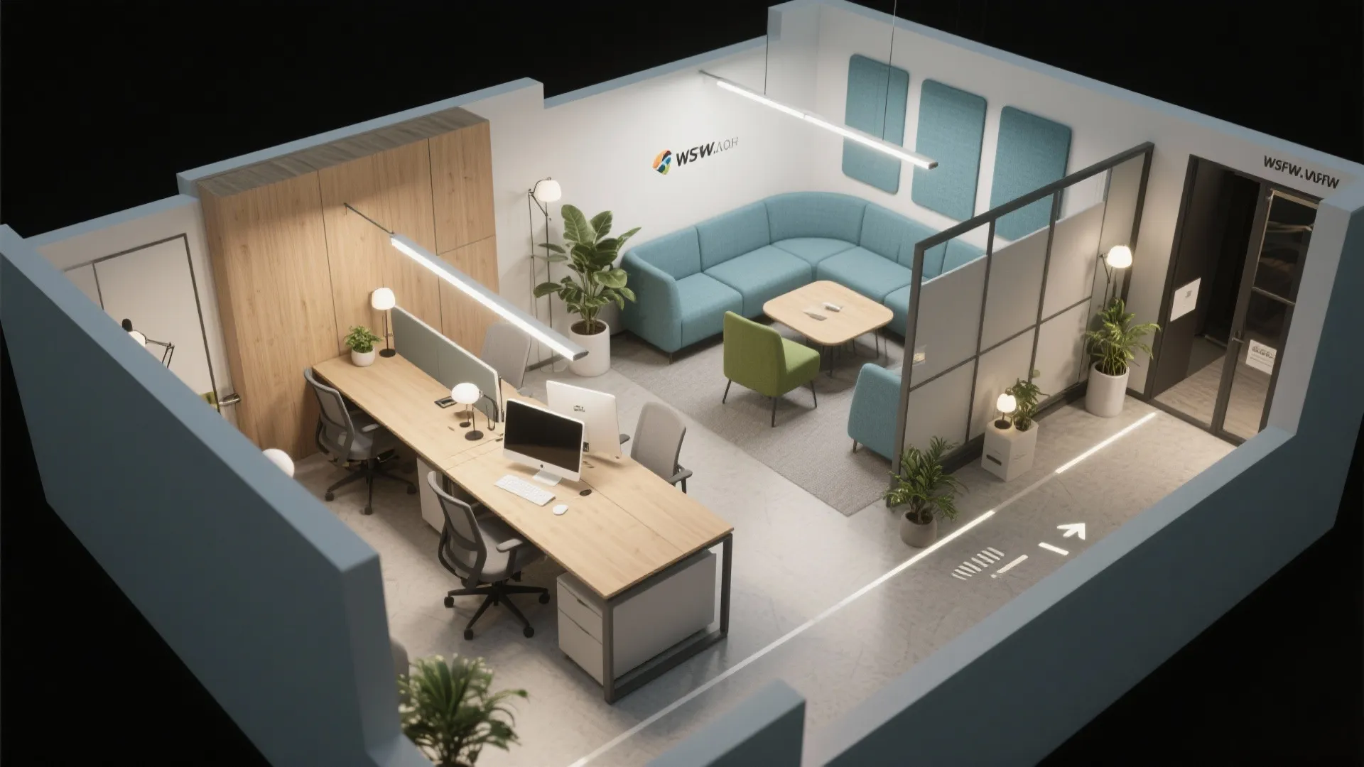 Interior design drawing of a modern office layout with blue sofa desks and glass partitions