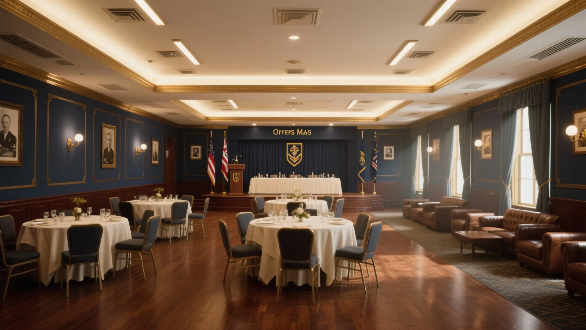 Classic dining hall with round tables chairs blue walls wood flooring leather sofas and ceiling lights